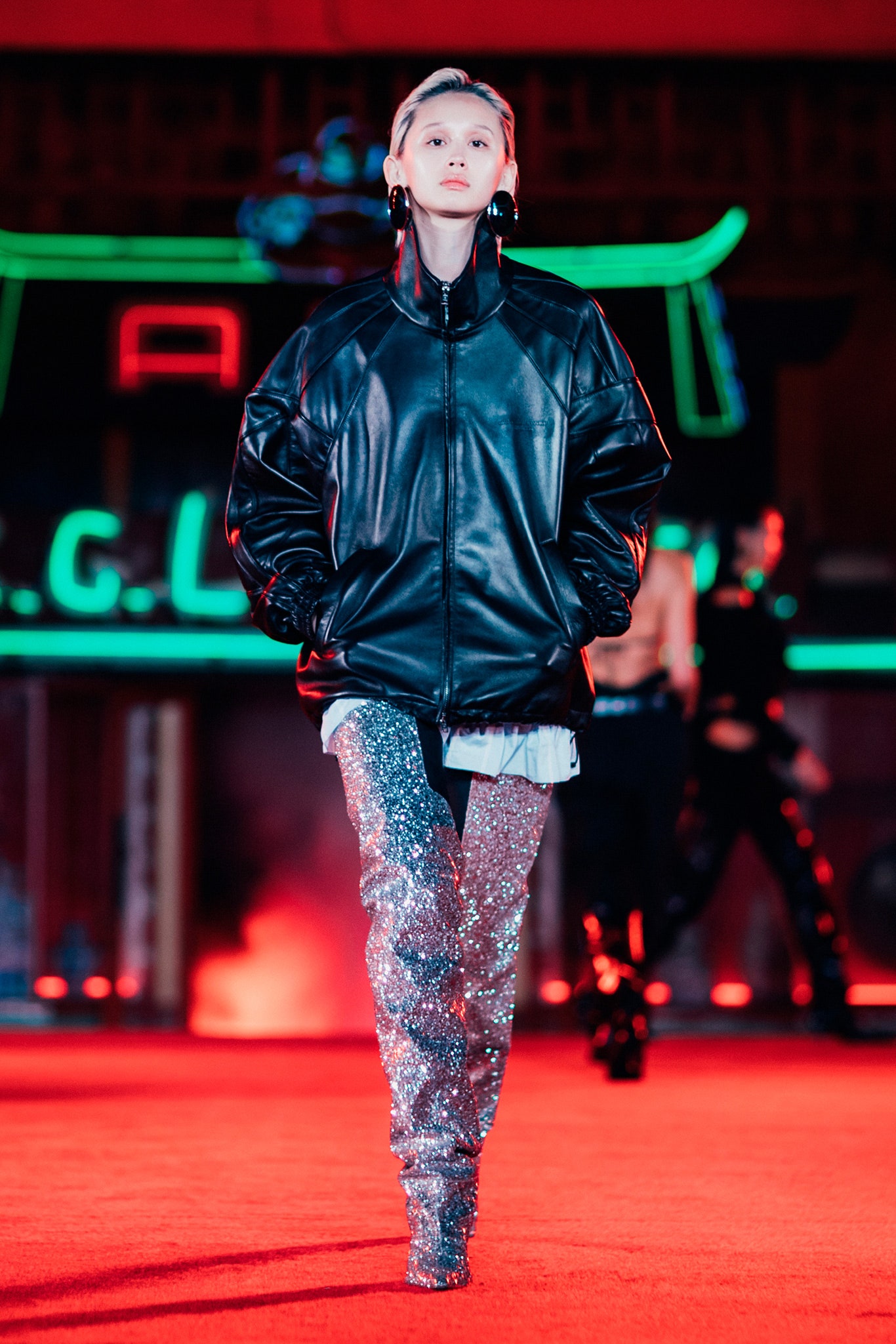 gray fitted sequined flared shiny pants