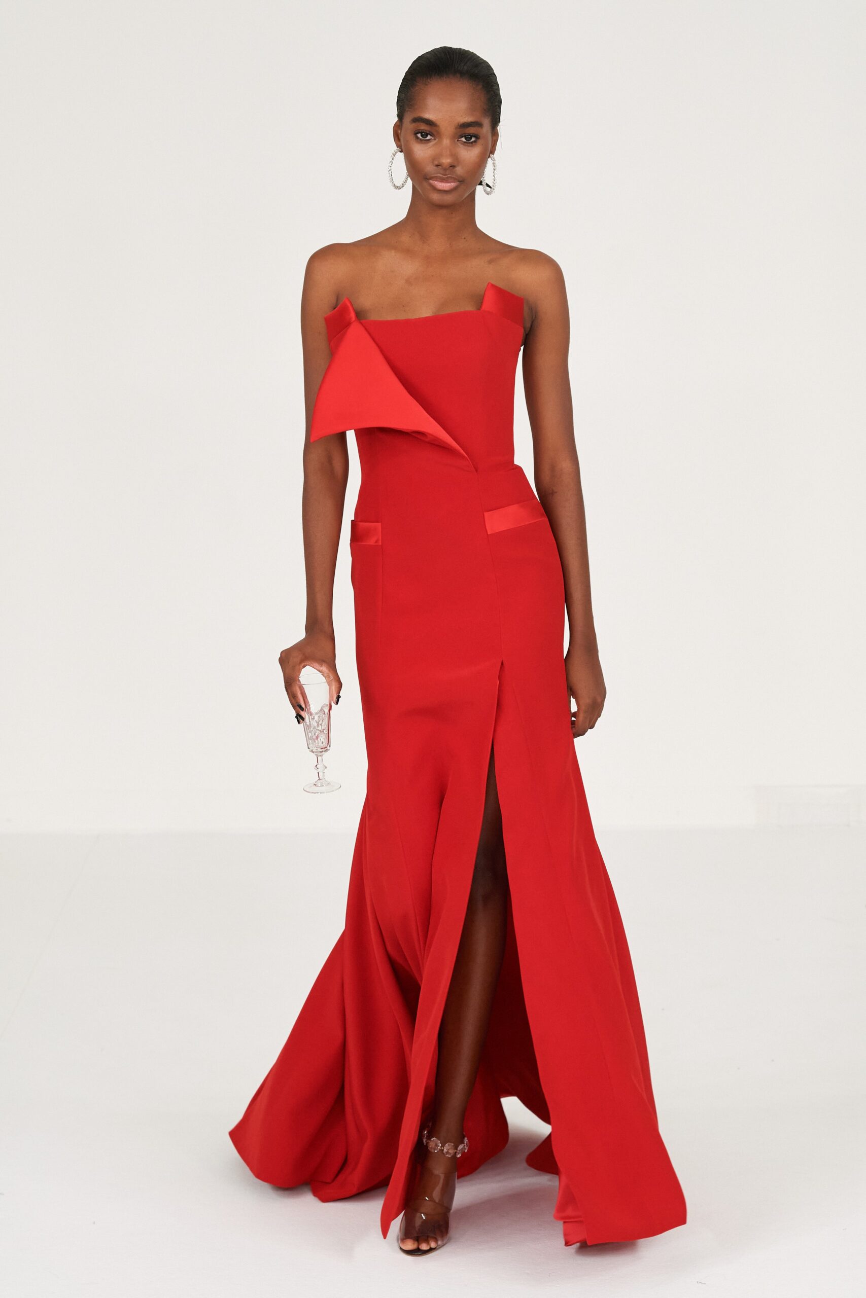 red silk strapless gown