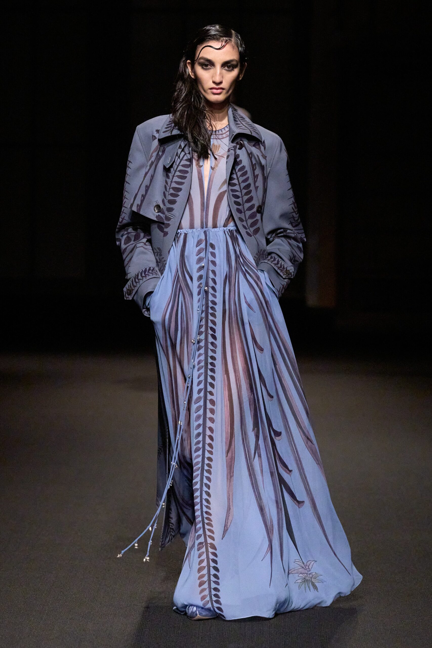 gray coat and blue maxi dress