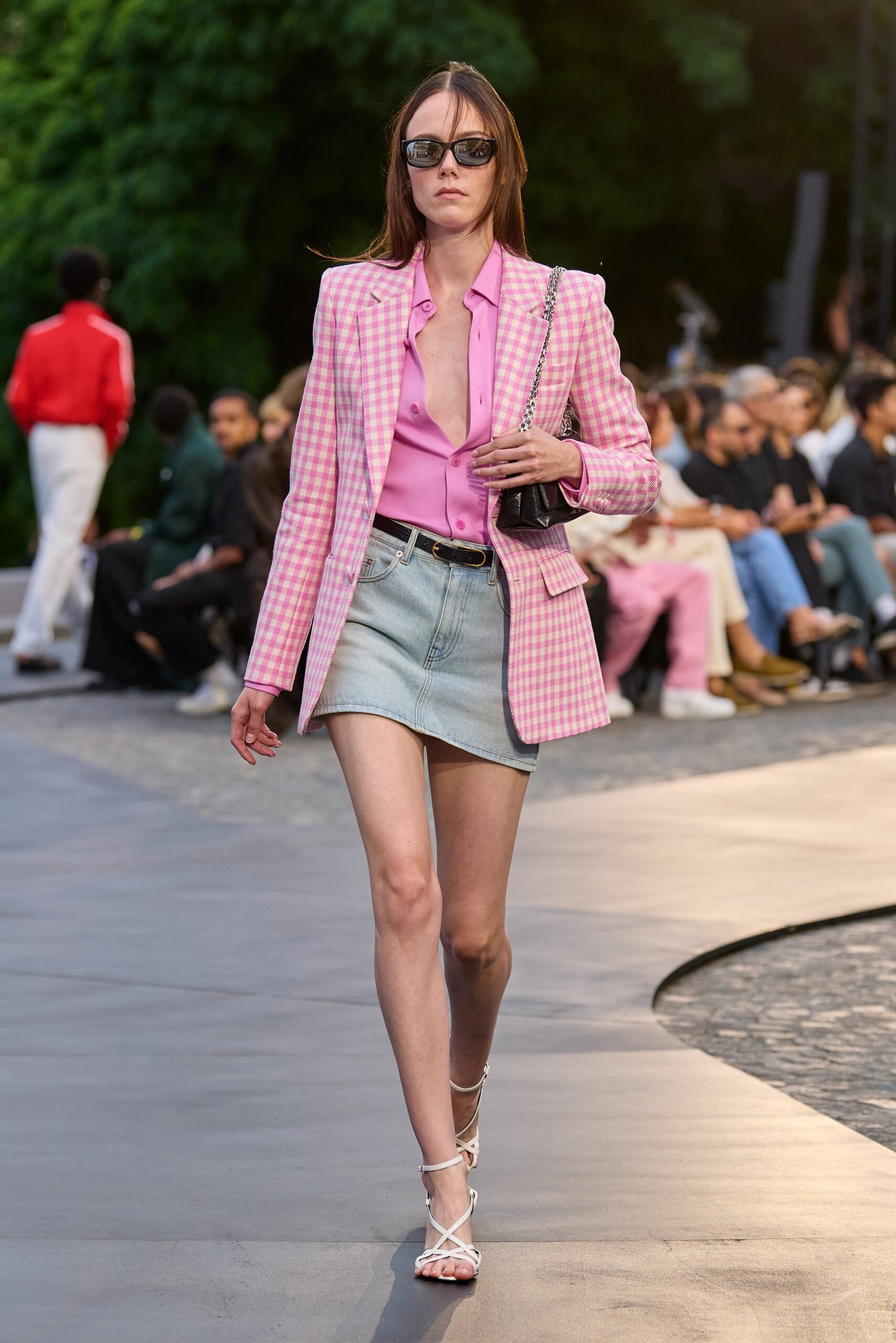 pink checked blazer with denim skirt