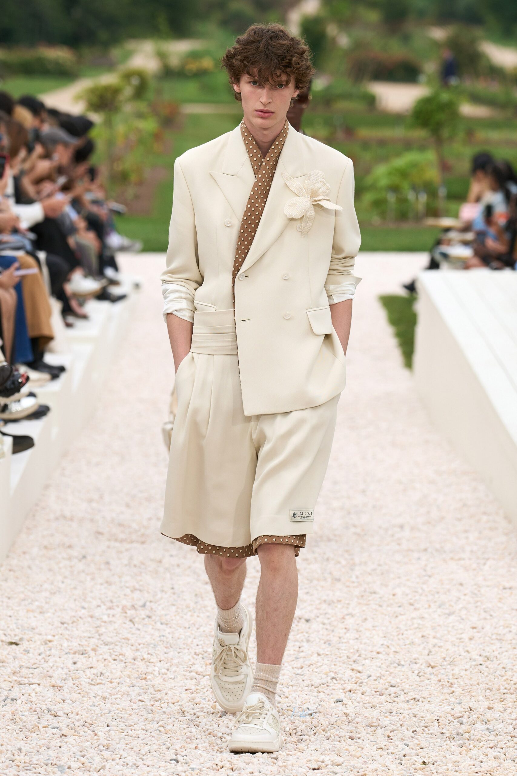 beige tailored suit with shorts