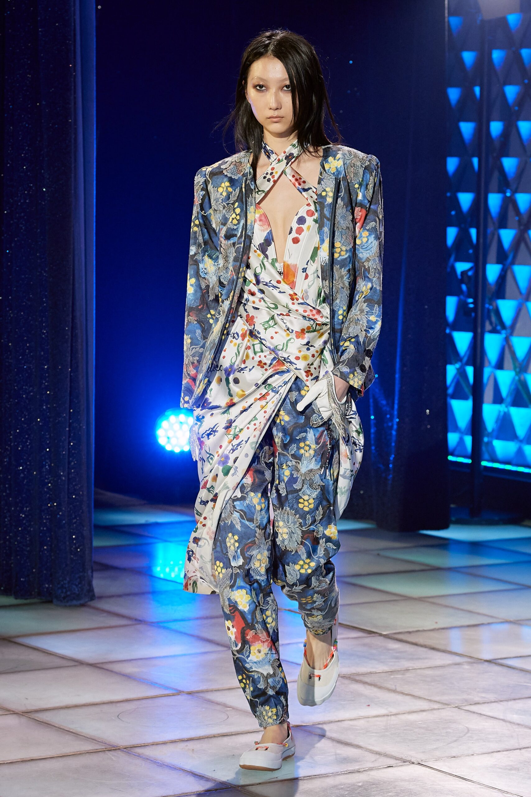 blue printed silk jacket and dress