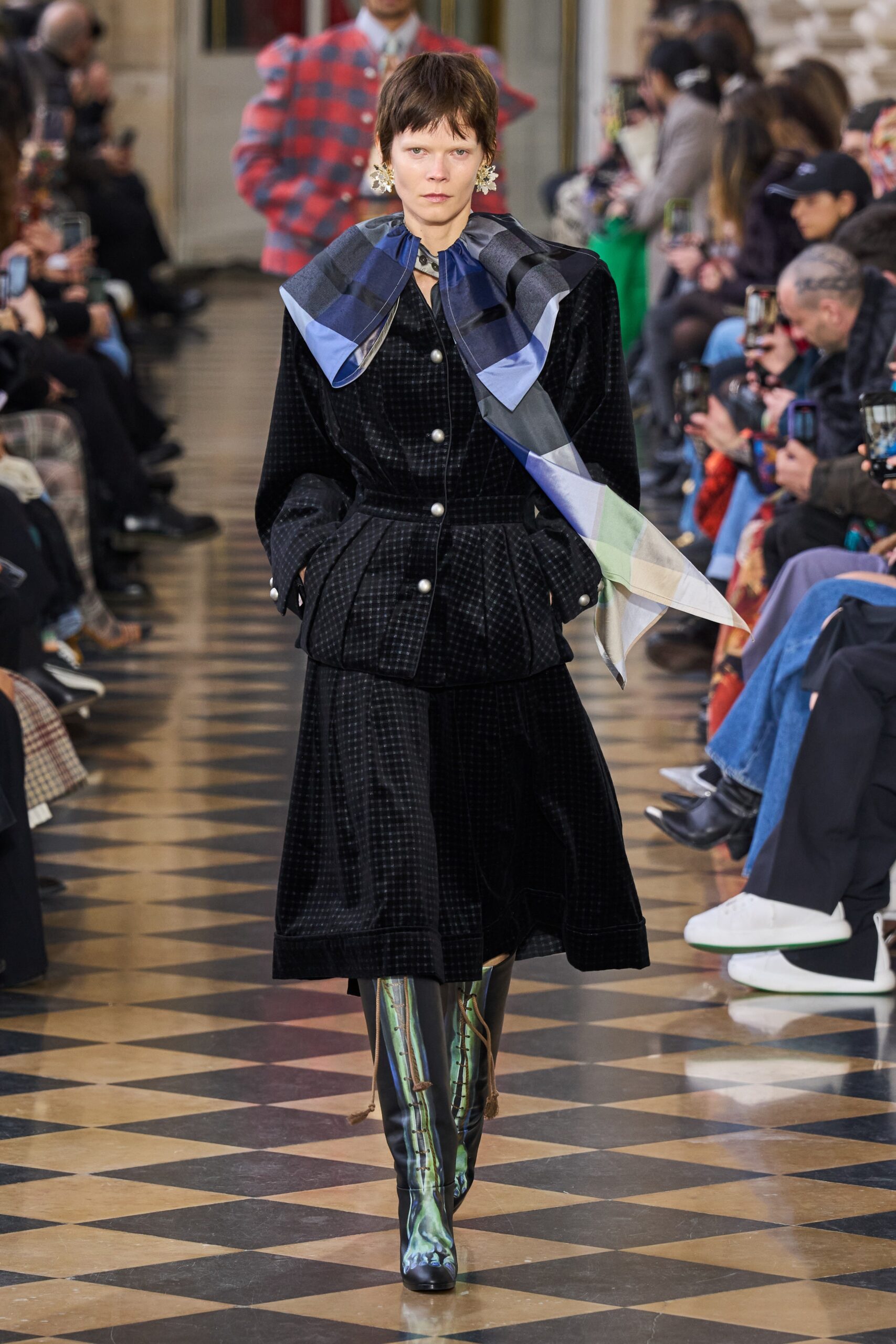 black velvet fitted coat with scarf