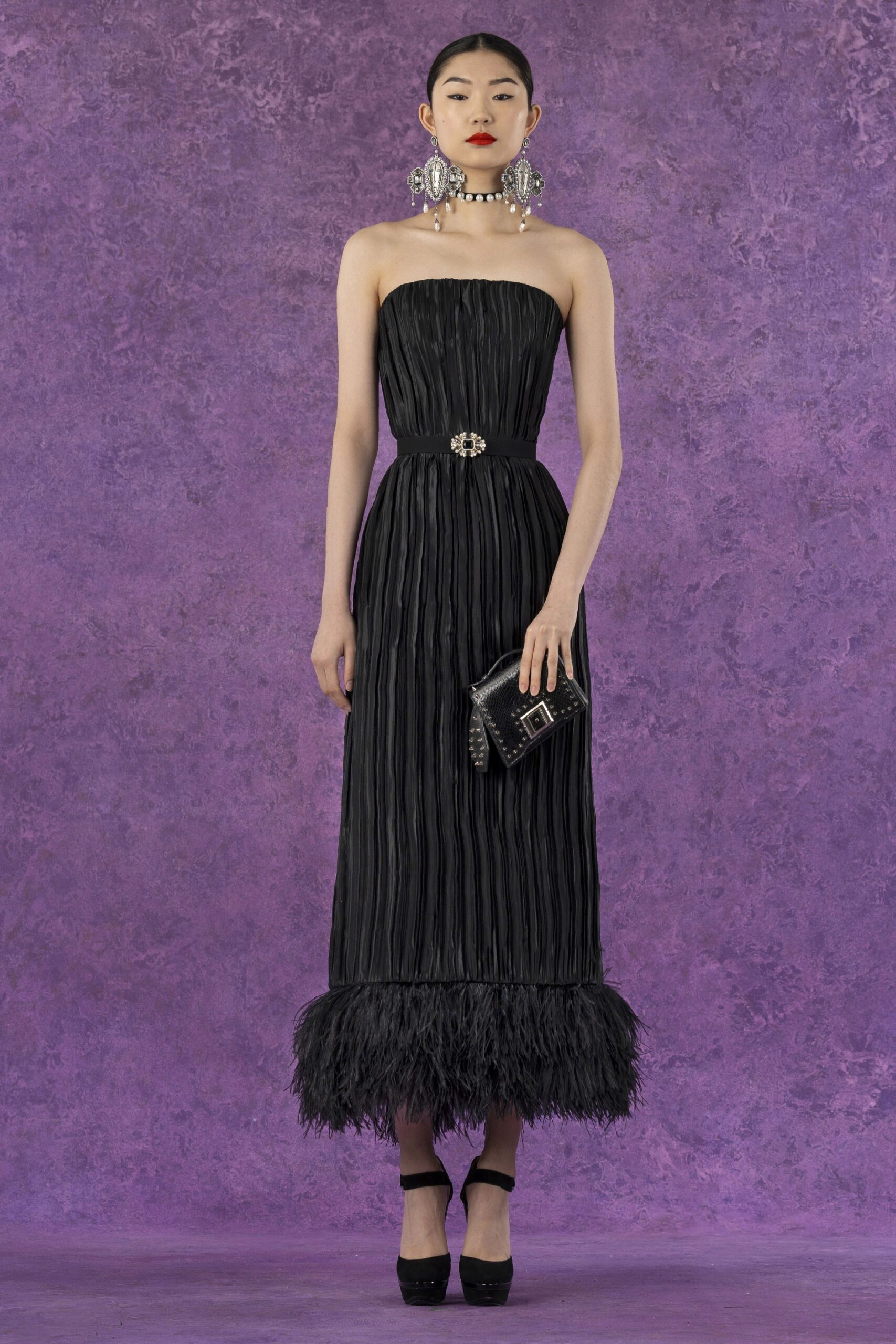 black pleated strapless gown