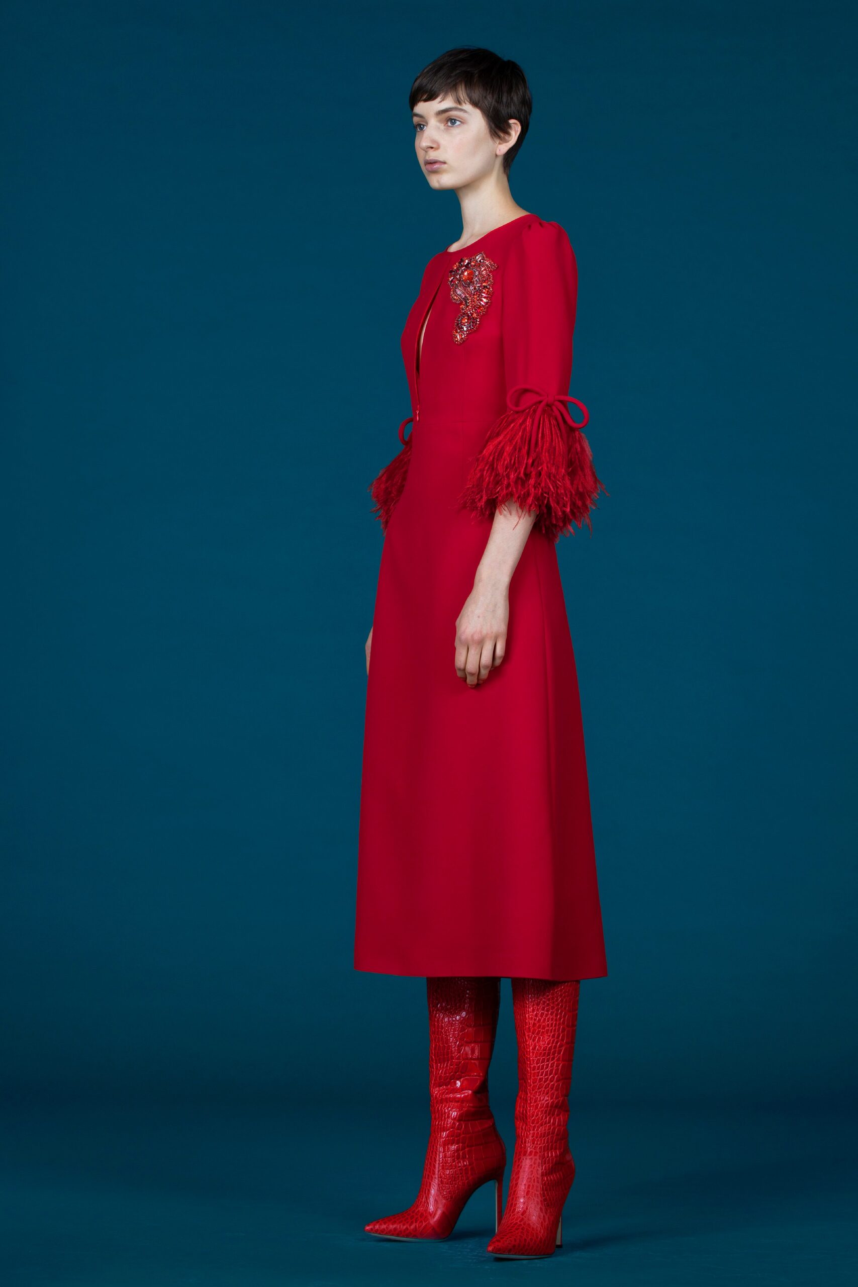 red silk long-sleeve v-neck fitted embellished flared dress