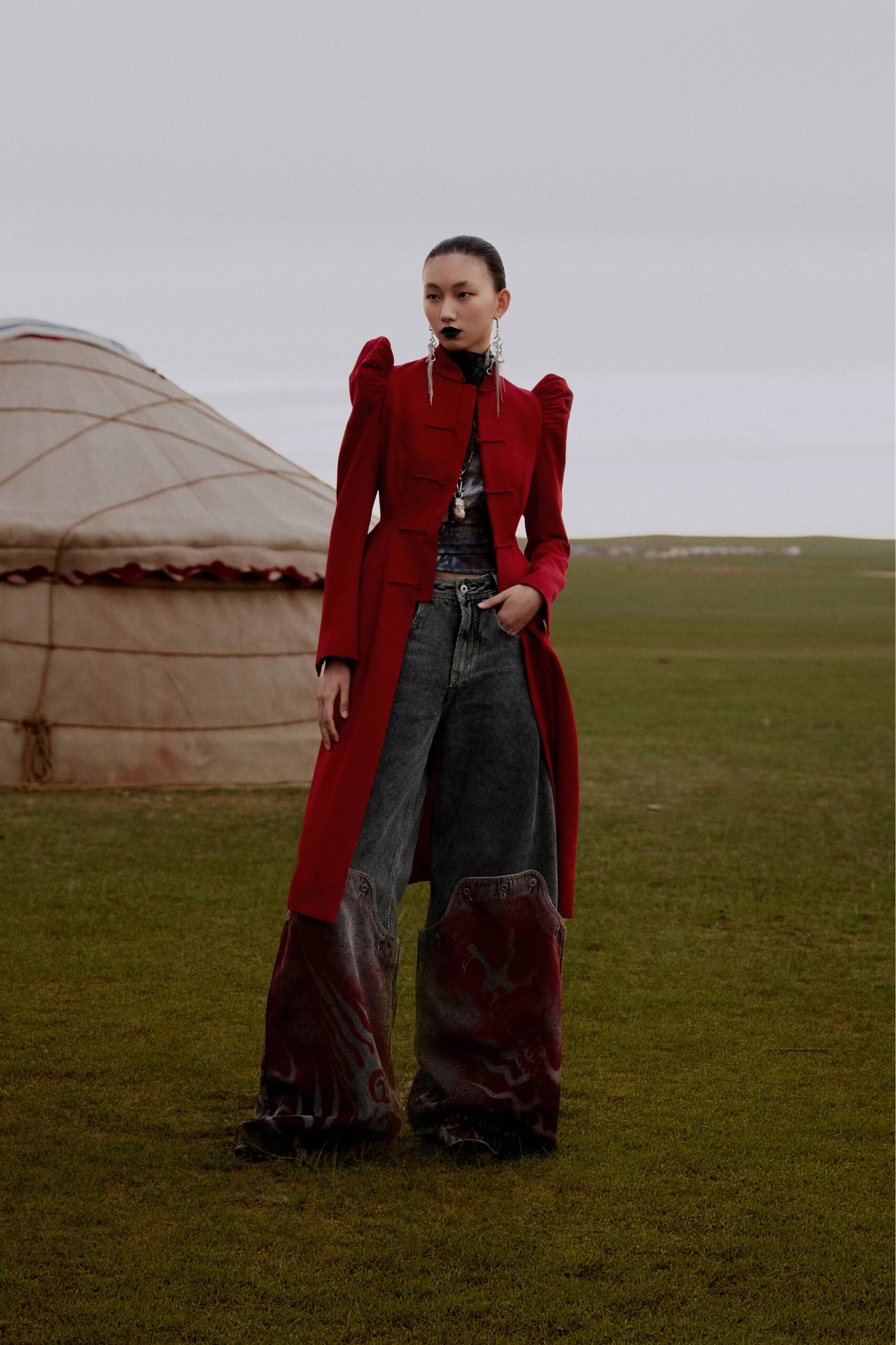 red wool long-sleeve collared fitted buttoned coat