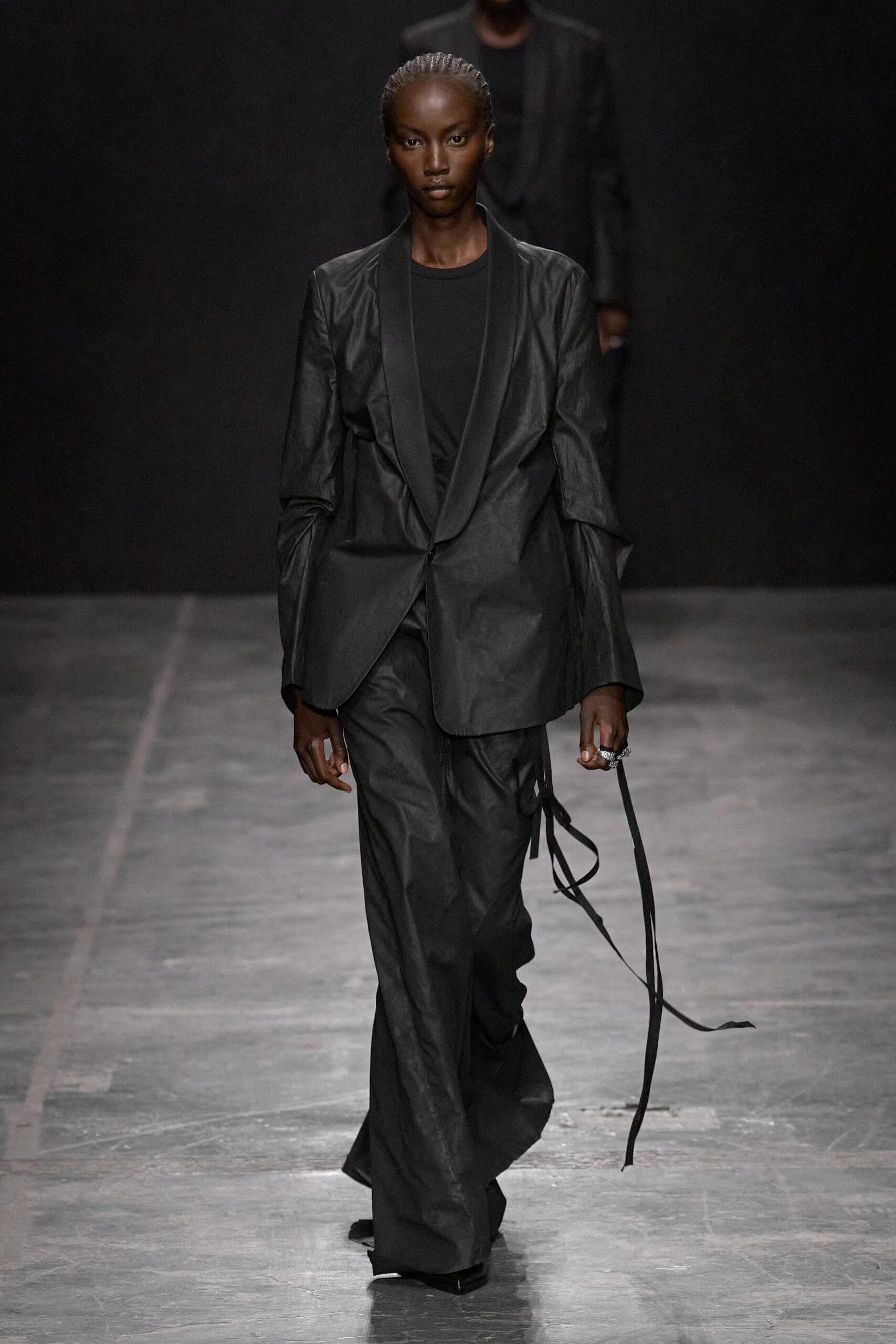 black silk fitted blazer and tailored pants