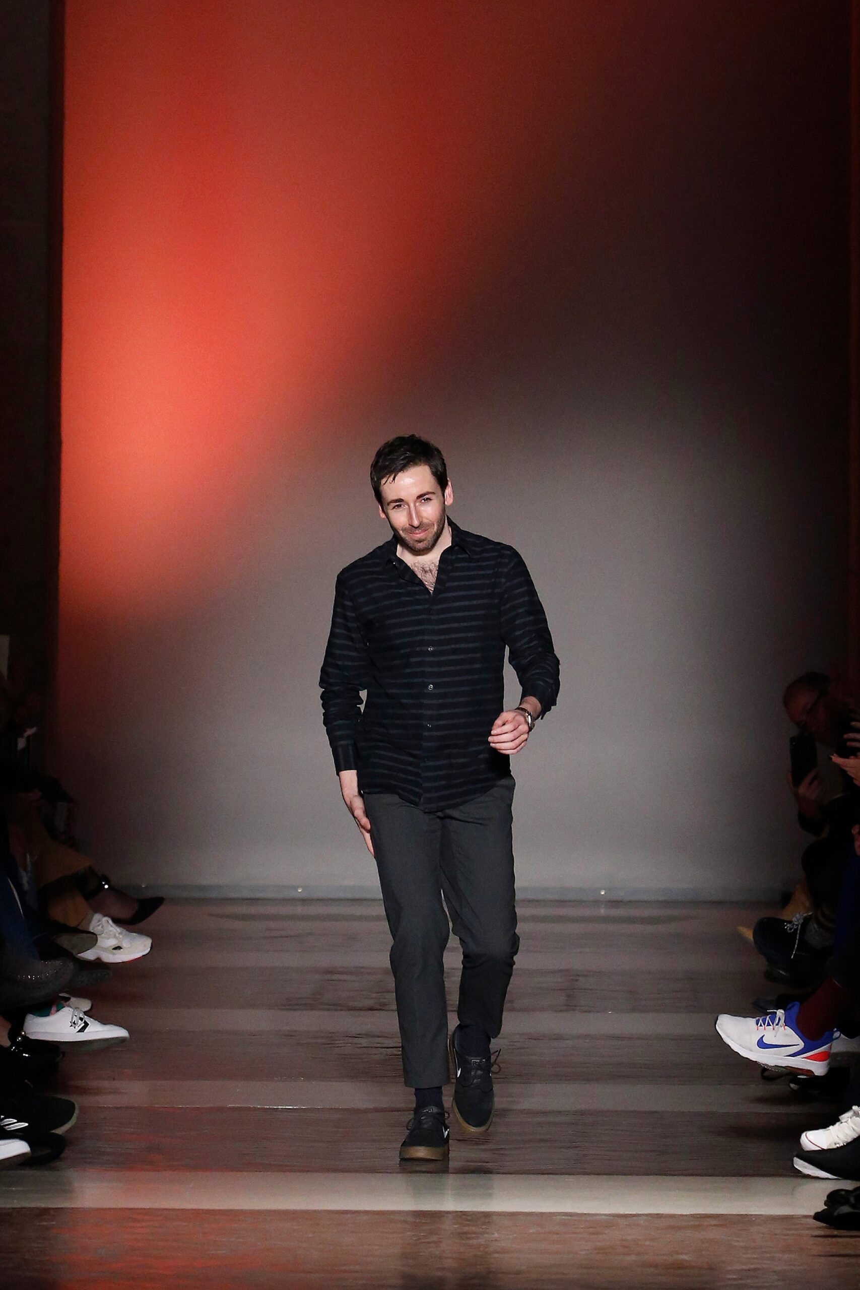 black striped shirt gray pants