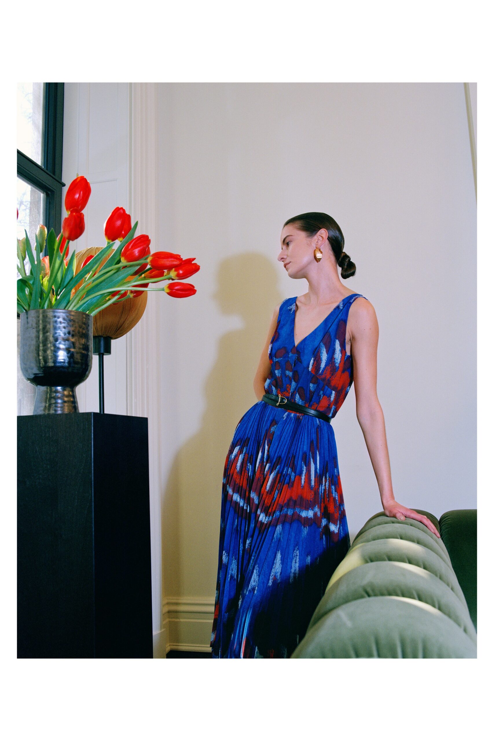 blue and red pleated dress