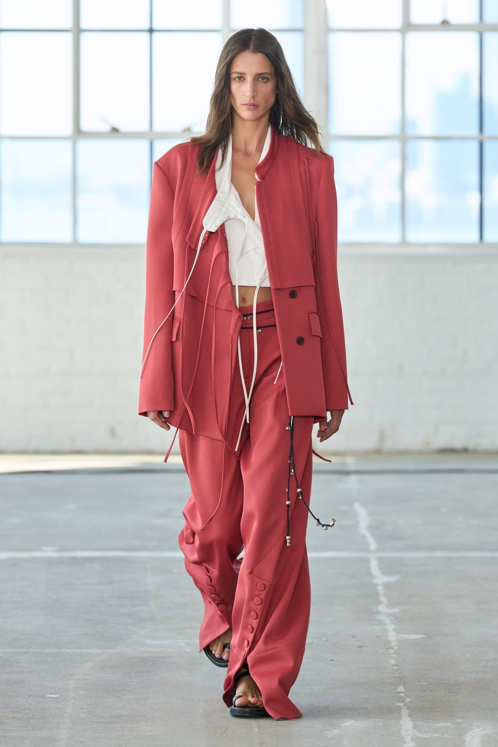 red cotton long-sleeve collared relaxed buttoned jacket