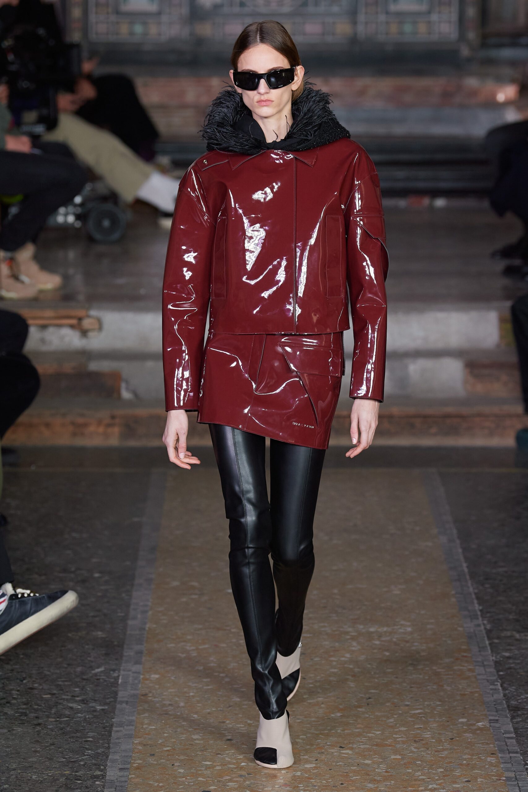 red vinyl long-sleeve collared fitted zippered shiny jacket