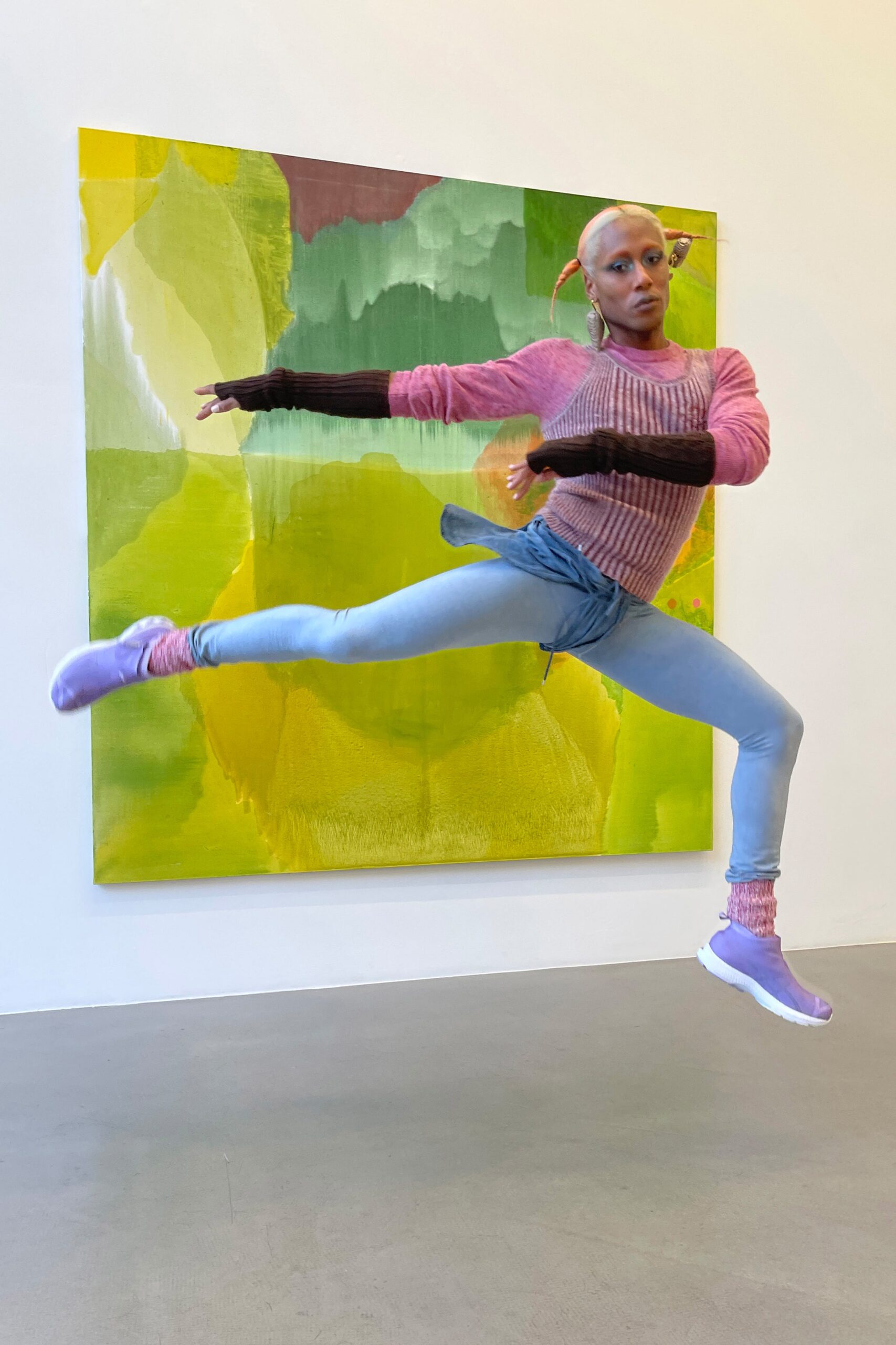pink fitted top with blue pants