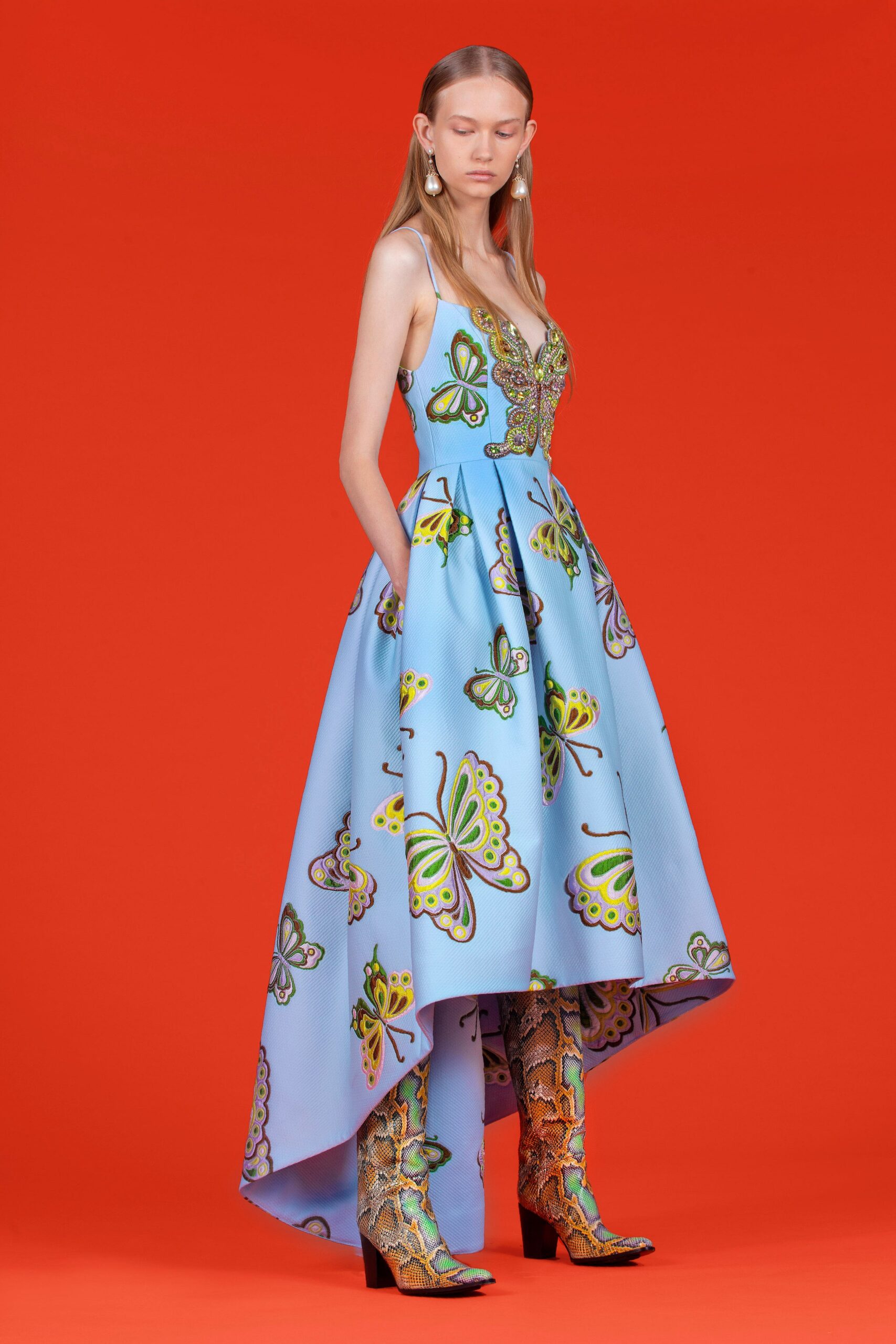 blue pleated printed dress with boots
