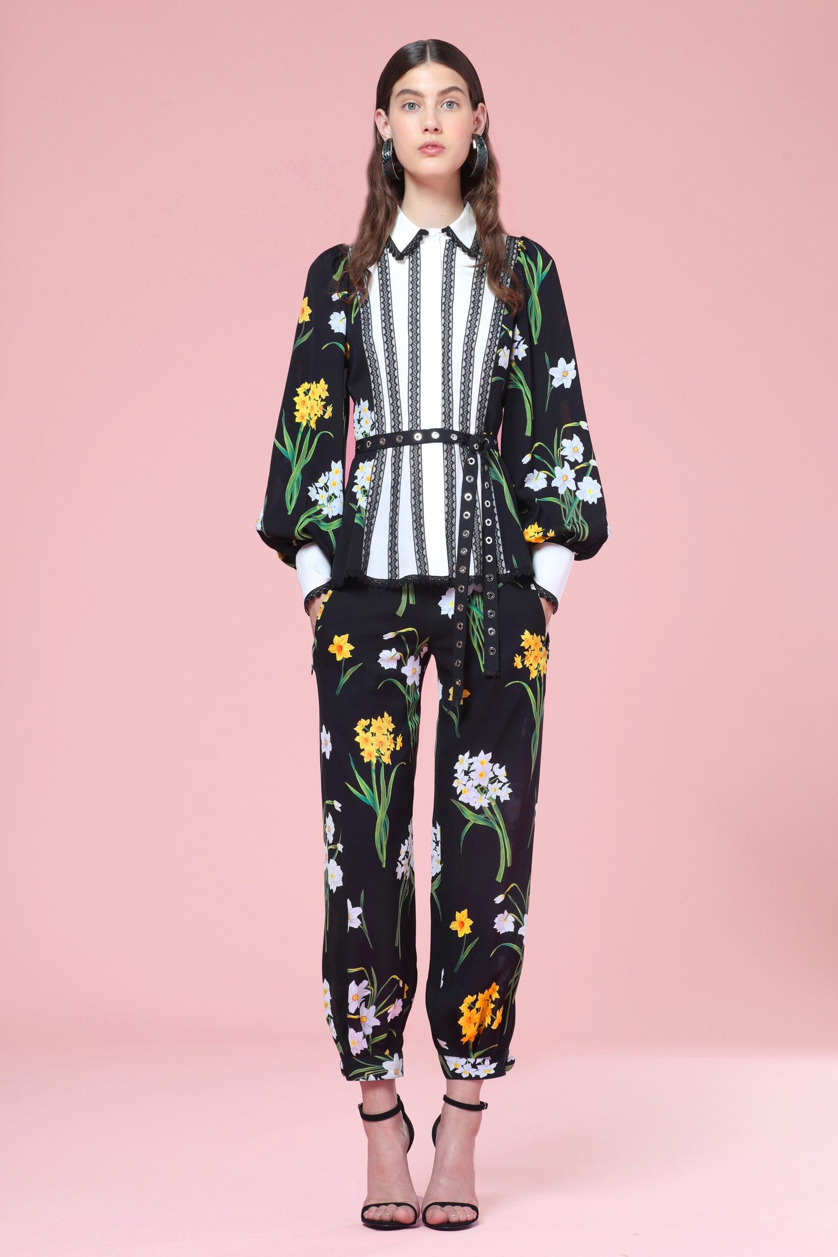 black long-sleeve collared relaxed printed blouse