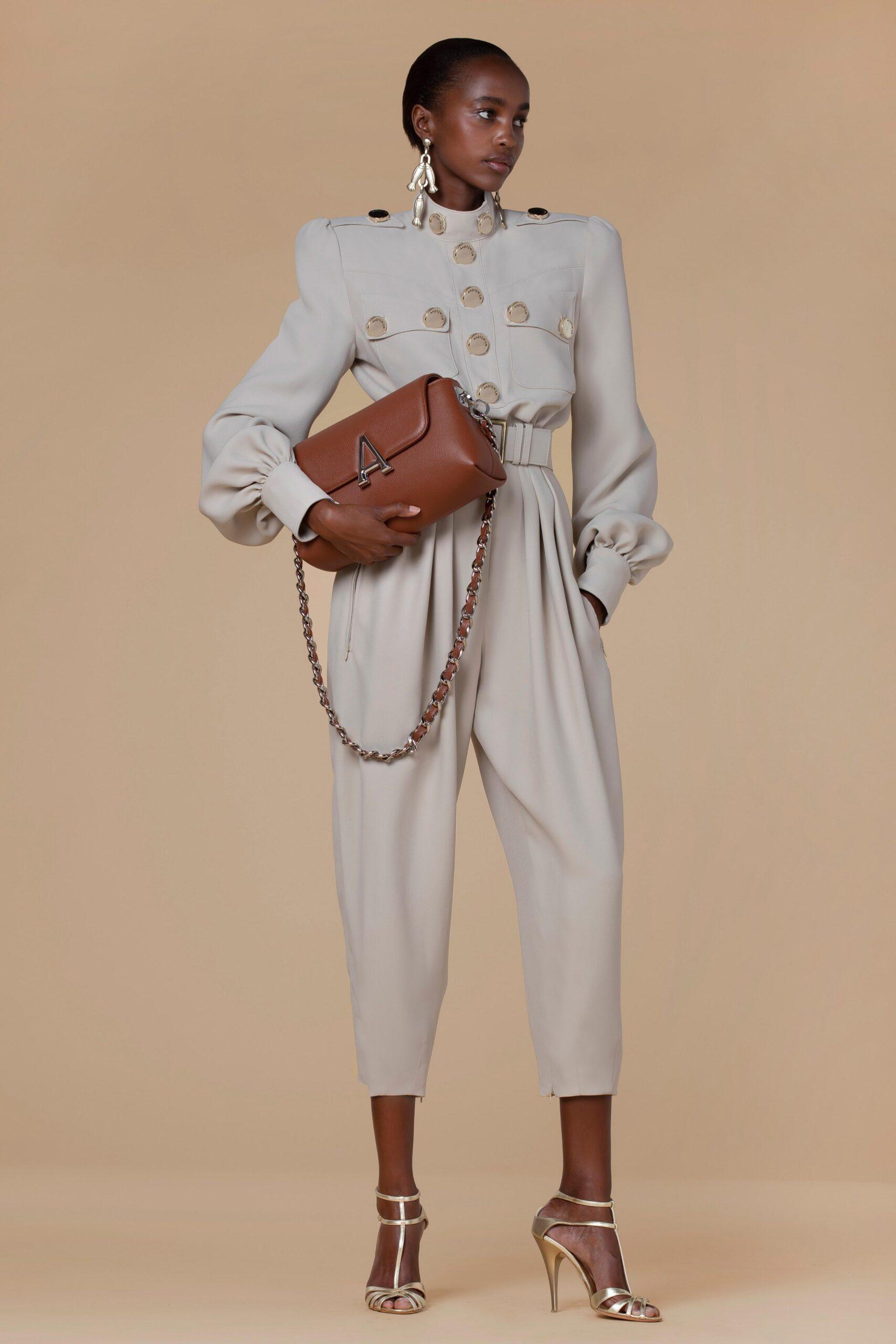beige cotton long-sleeve collared relaxed buttoned pleated jumpsuit