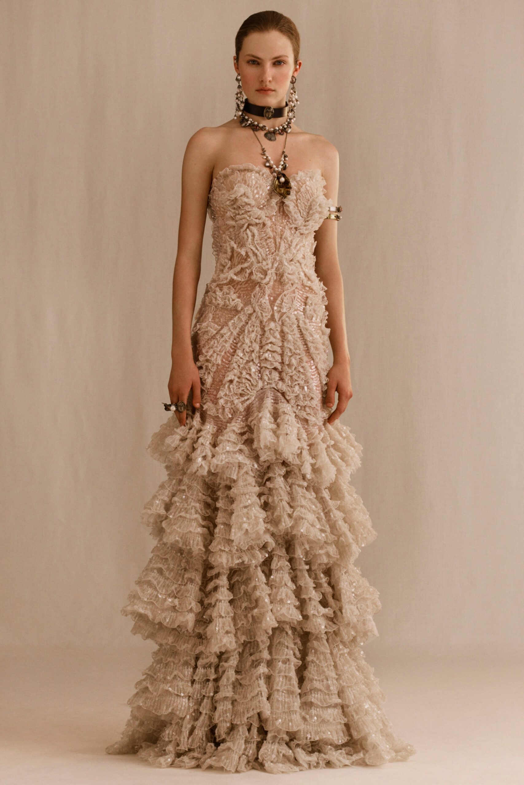 beige silk strapless gown