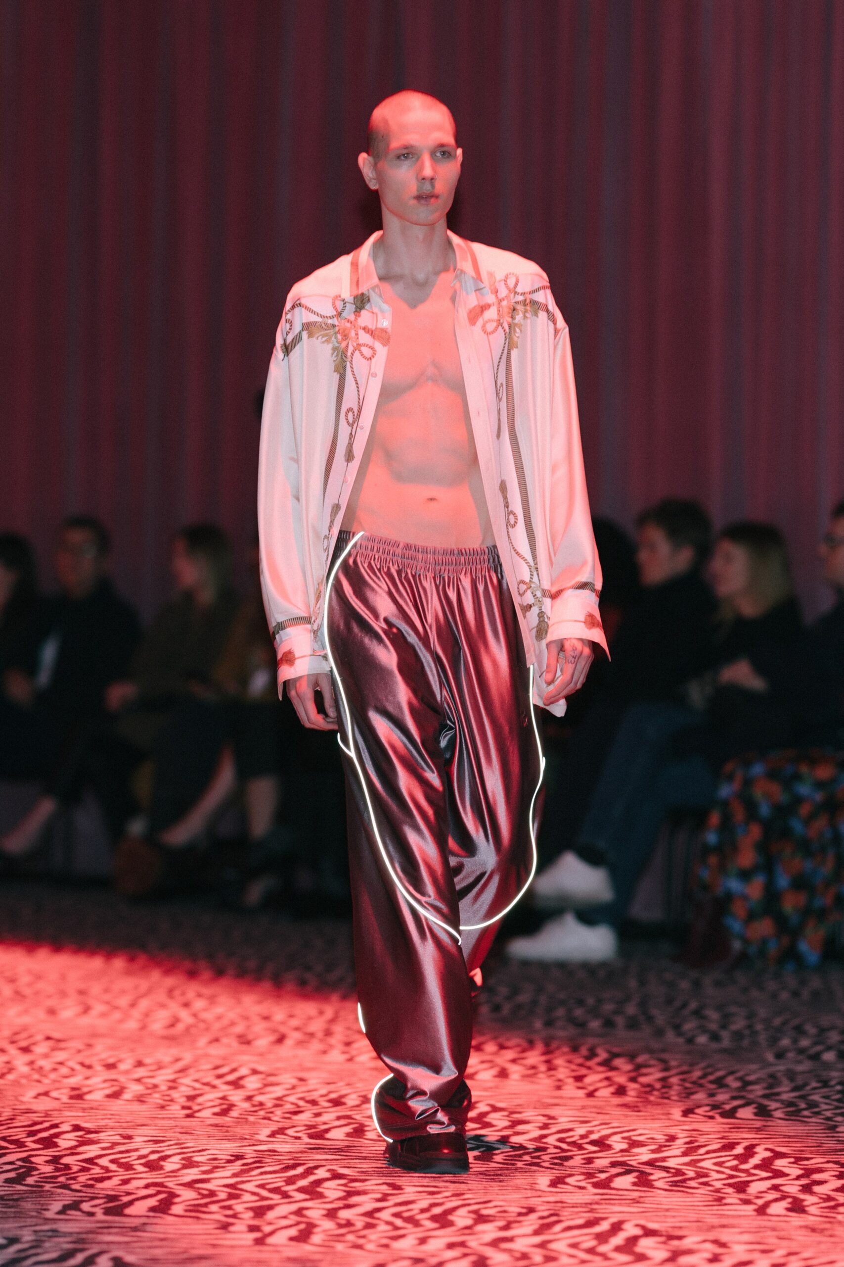 red silk fitted wide-leg shiny pants