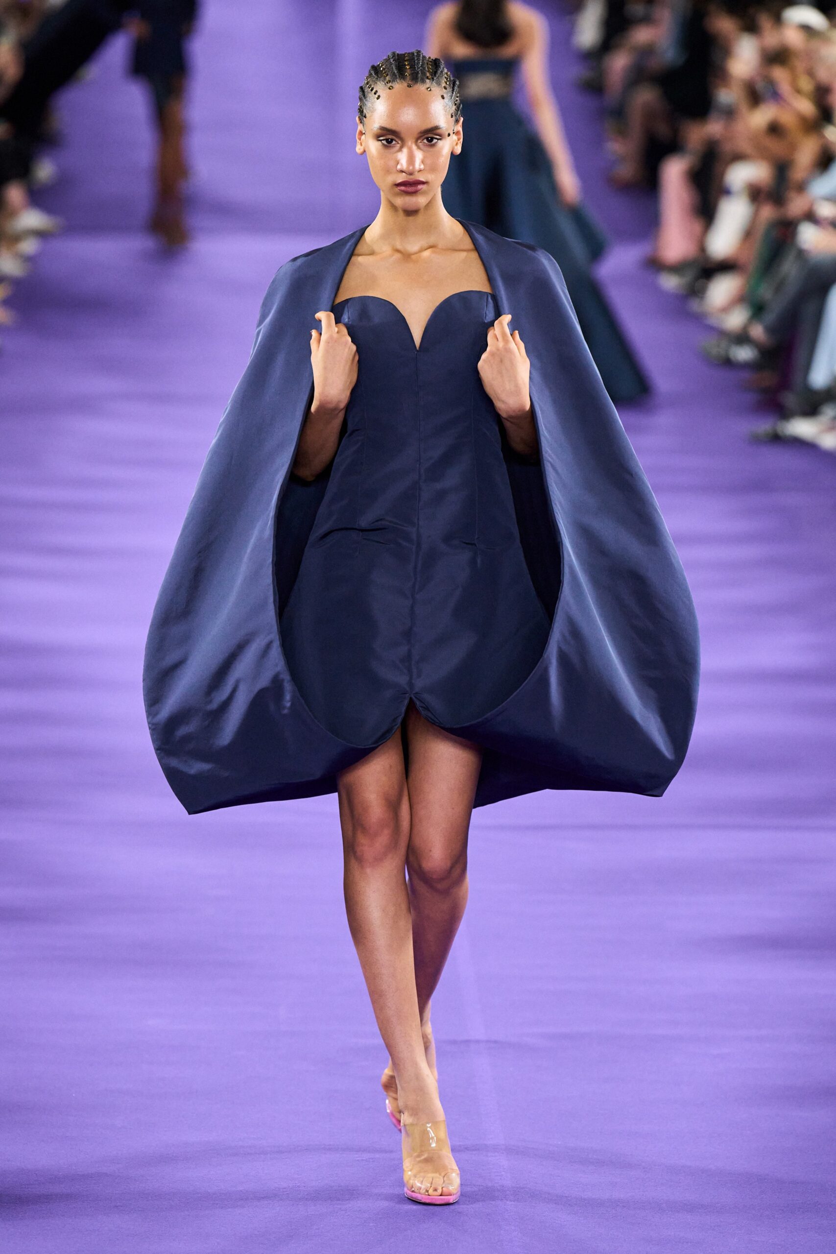 blue silk fitted dress with cape