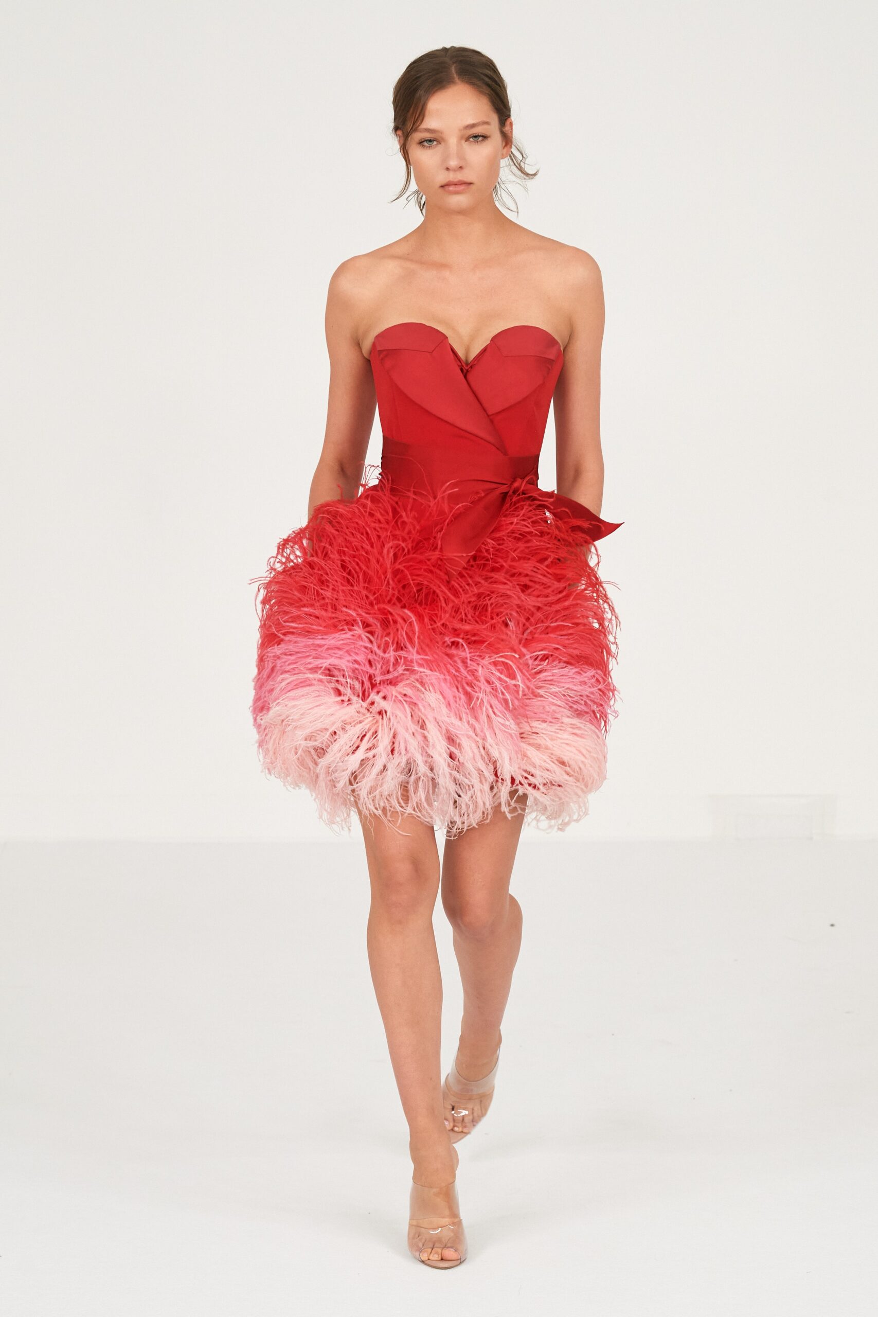 red strapless ruffled dress