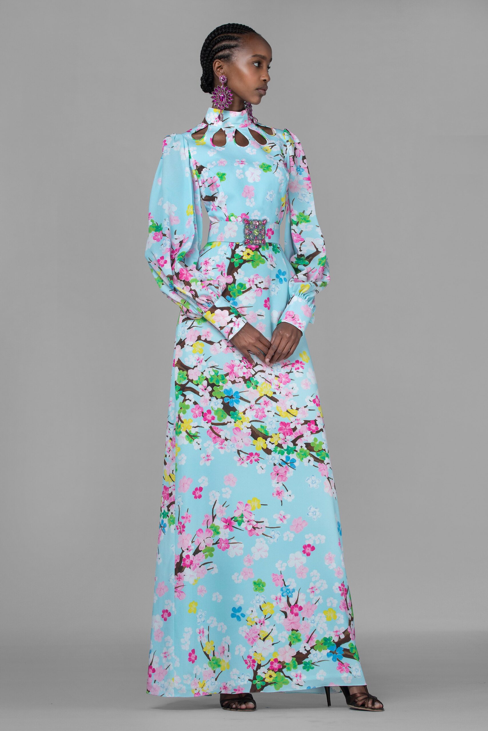 floral blue silk gown