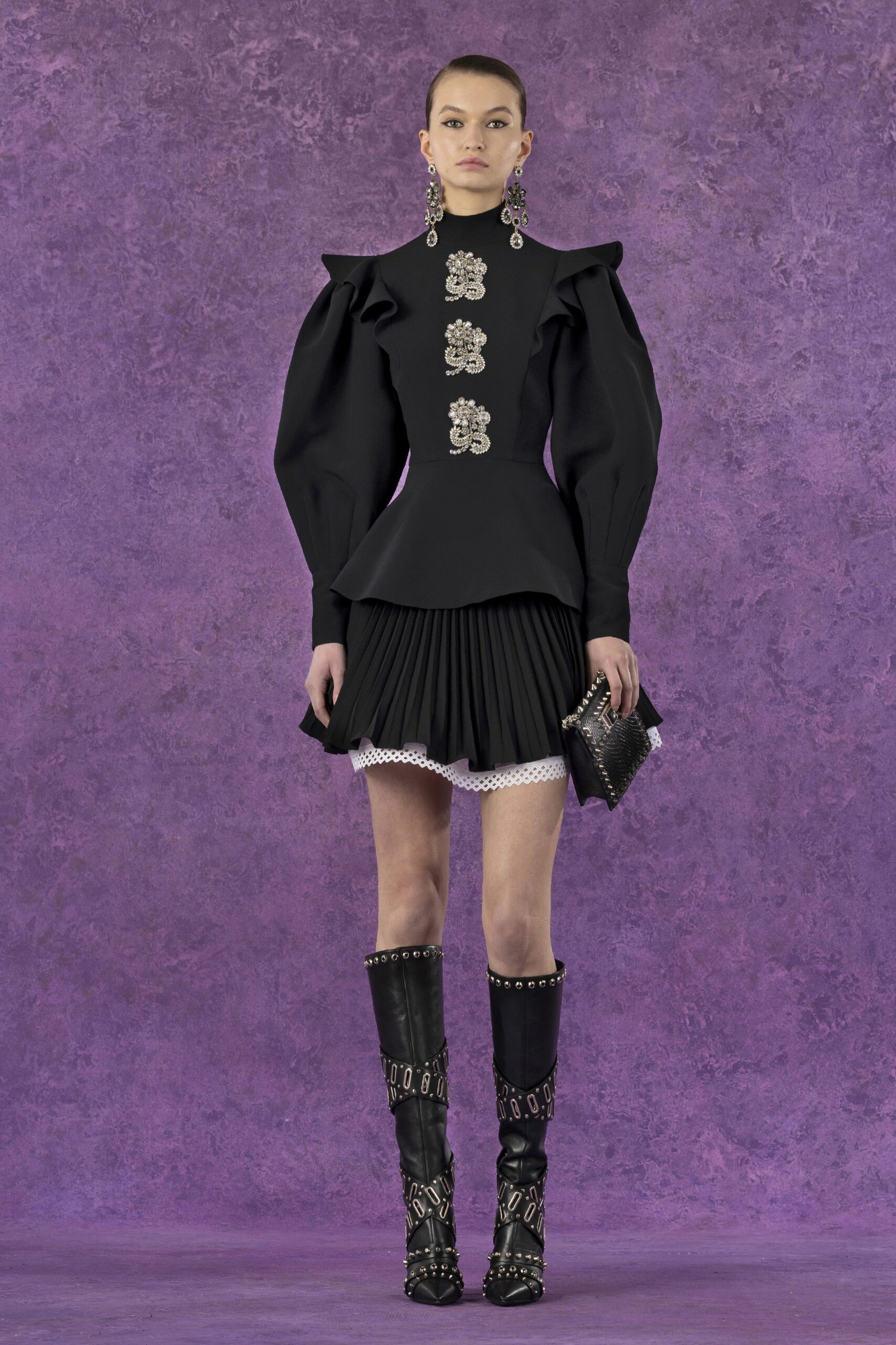 black fitted mini dress with ruffles