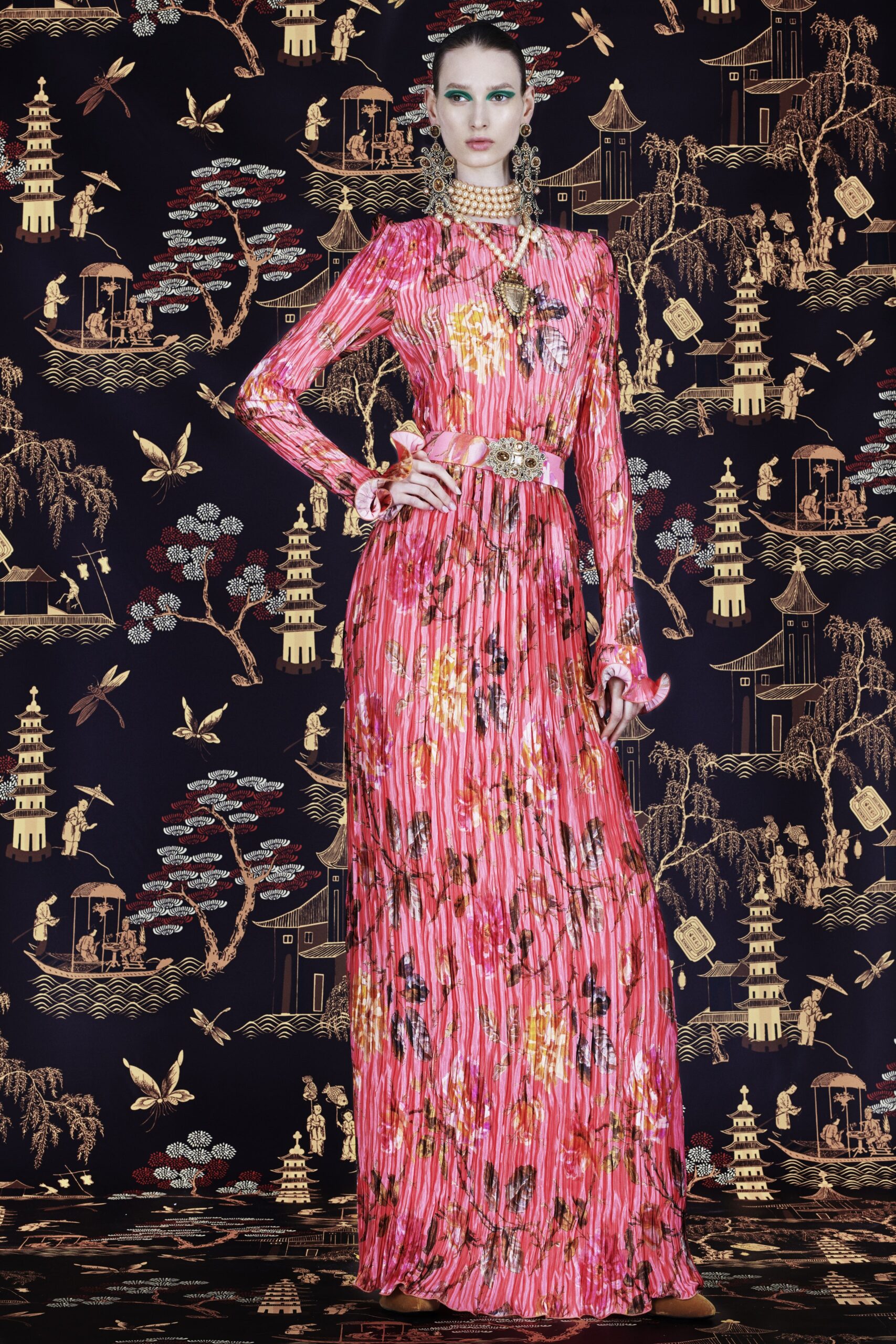 pink multi-colored pleated gown
