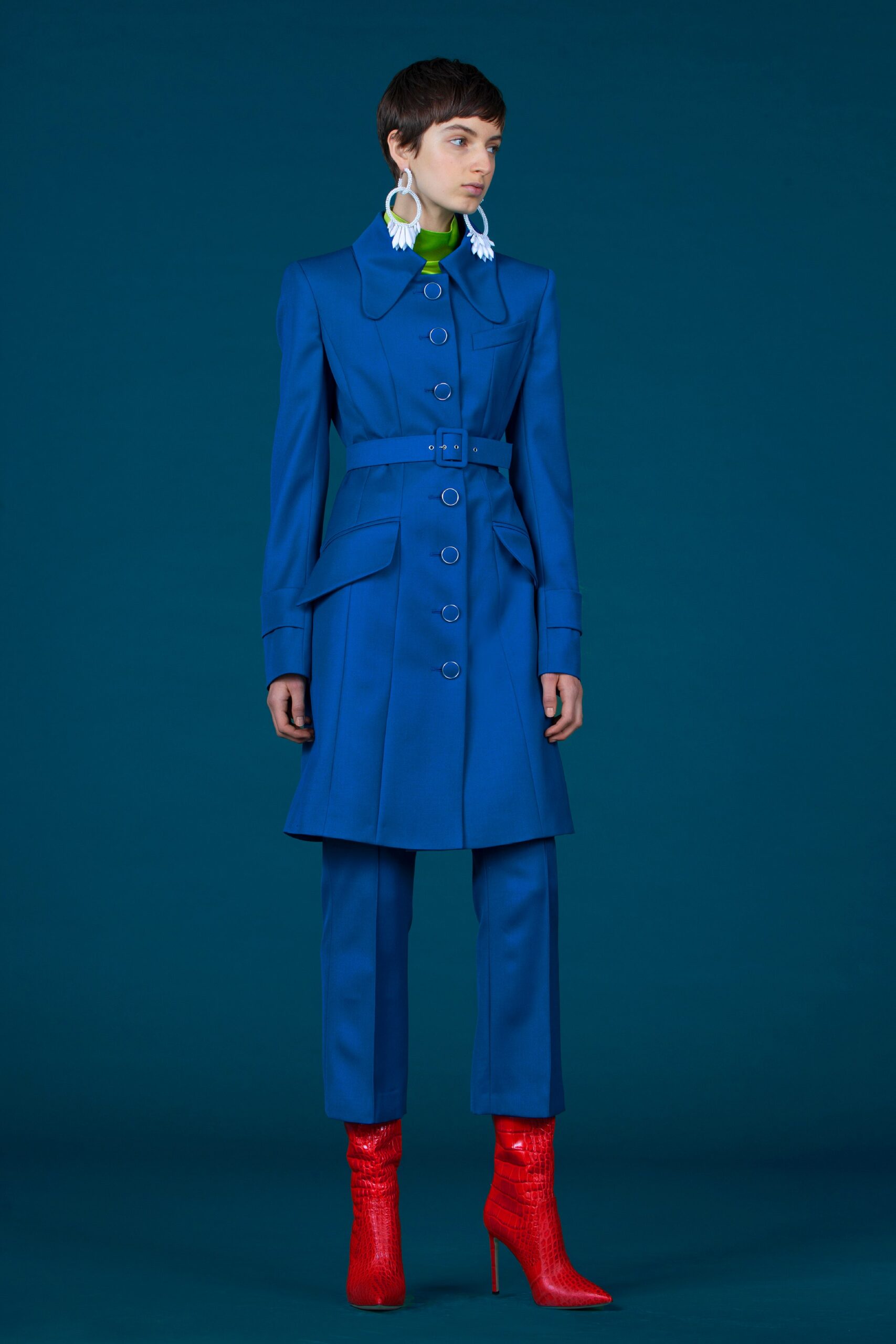 blue wool long-sleeve collared tailored belted coat