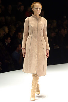 beige wool long-sleeve collared fitted straight-leg midi coat