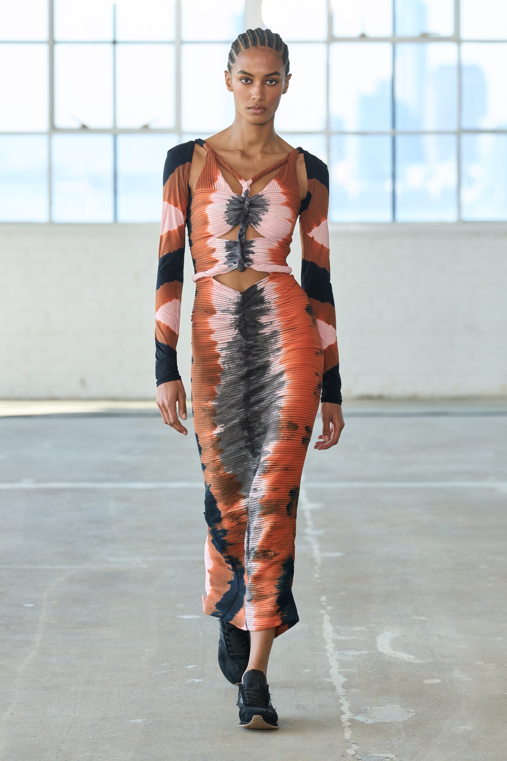 fitted orange and black midi dress