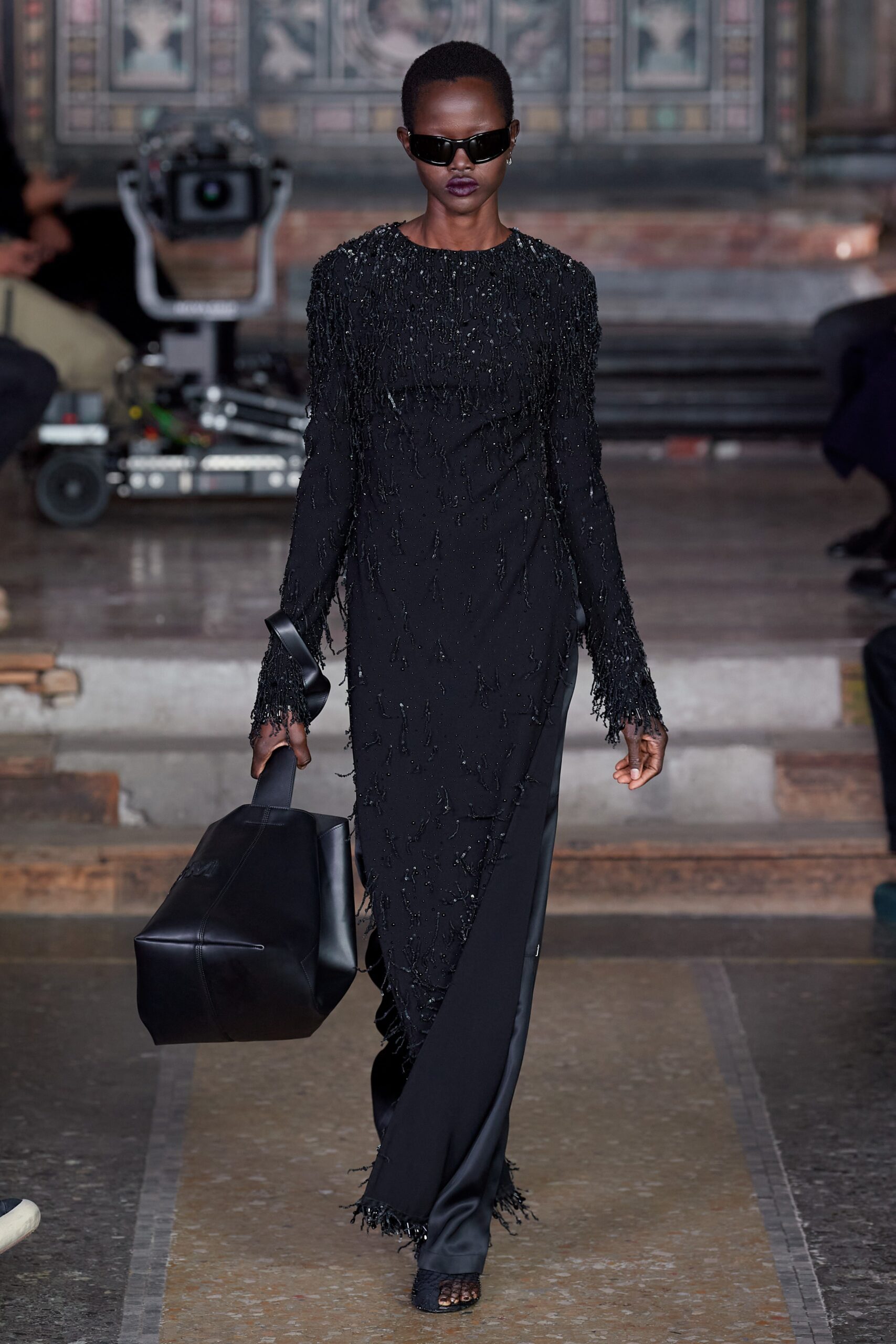 black silk fringed gown