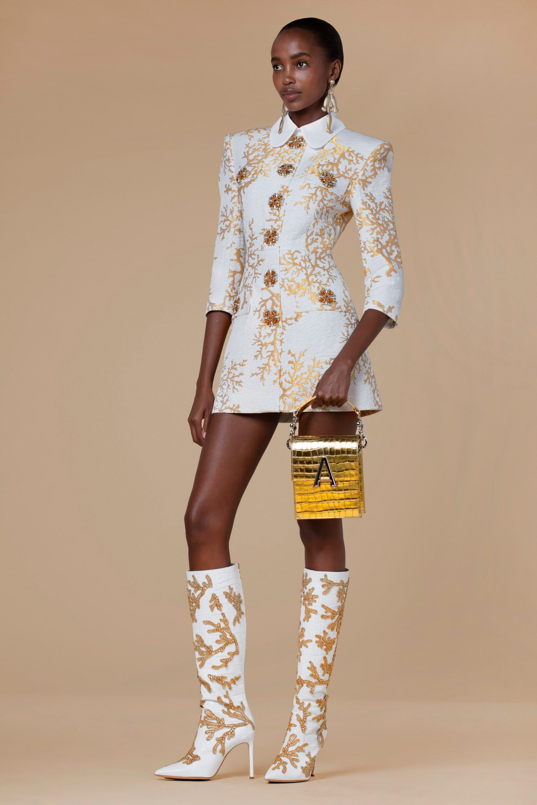 white gold embroidered mini-dress