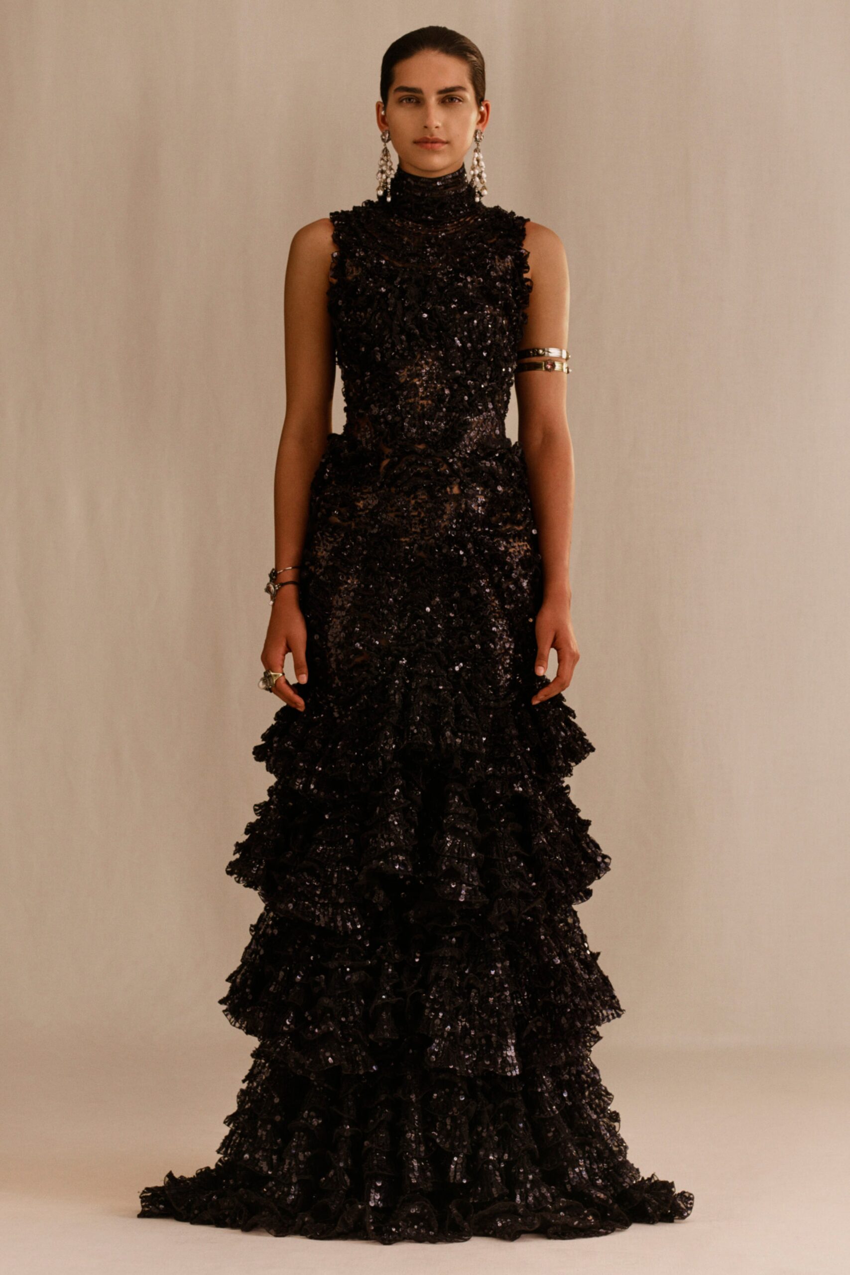 black silk ruffled gown