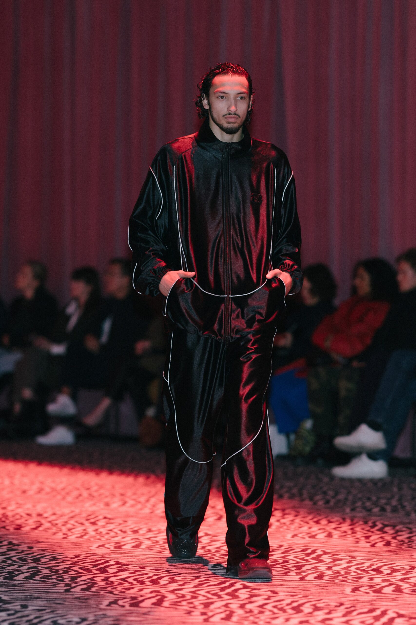 black satin fitted suit