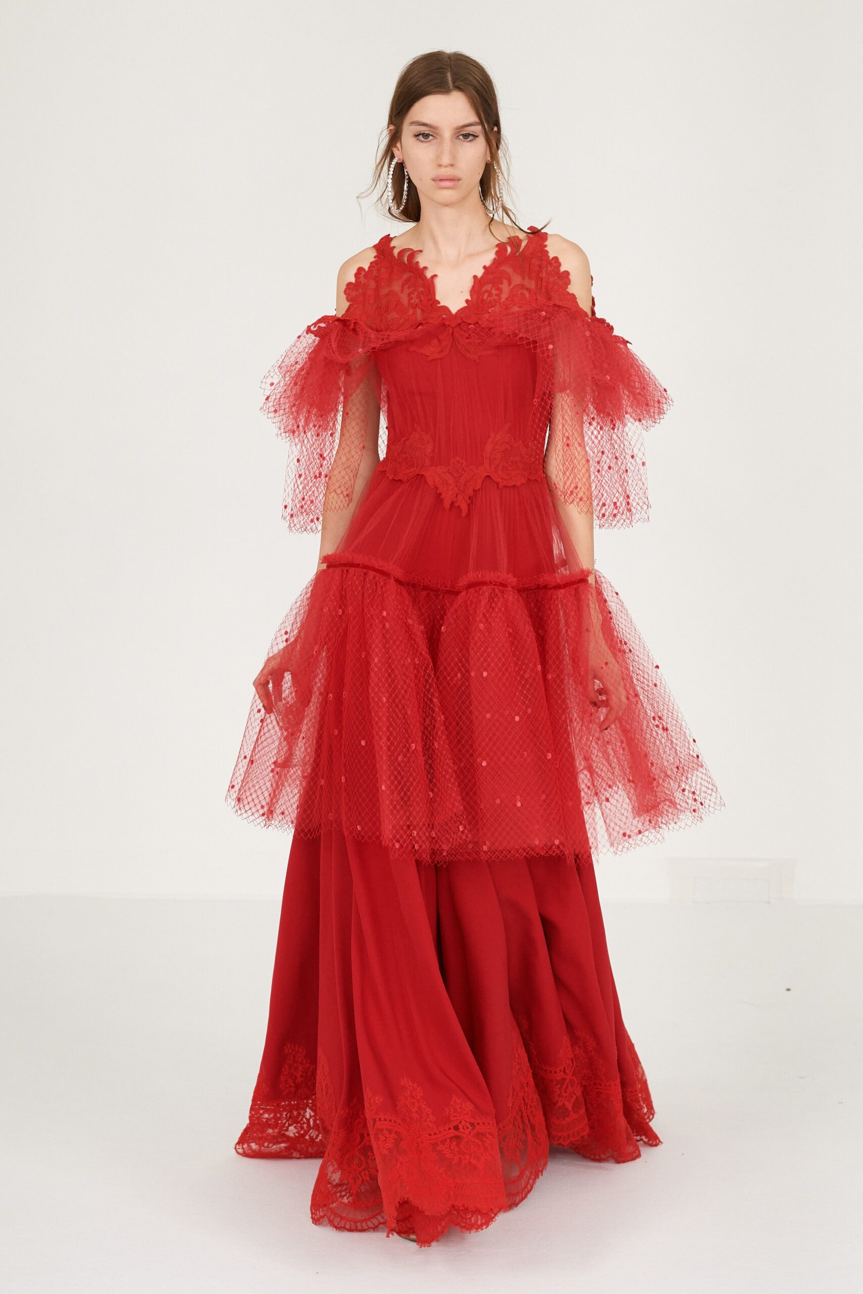 red lace off-shoulder gown