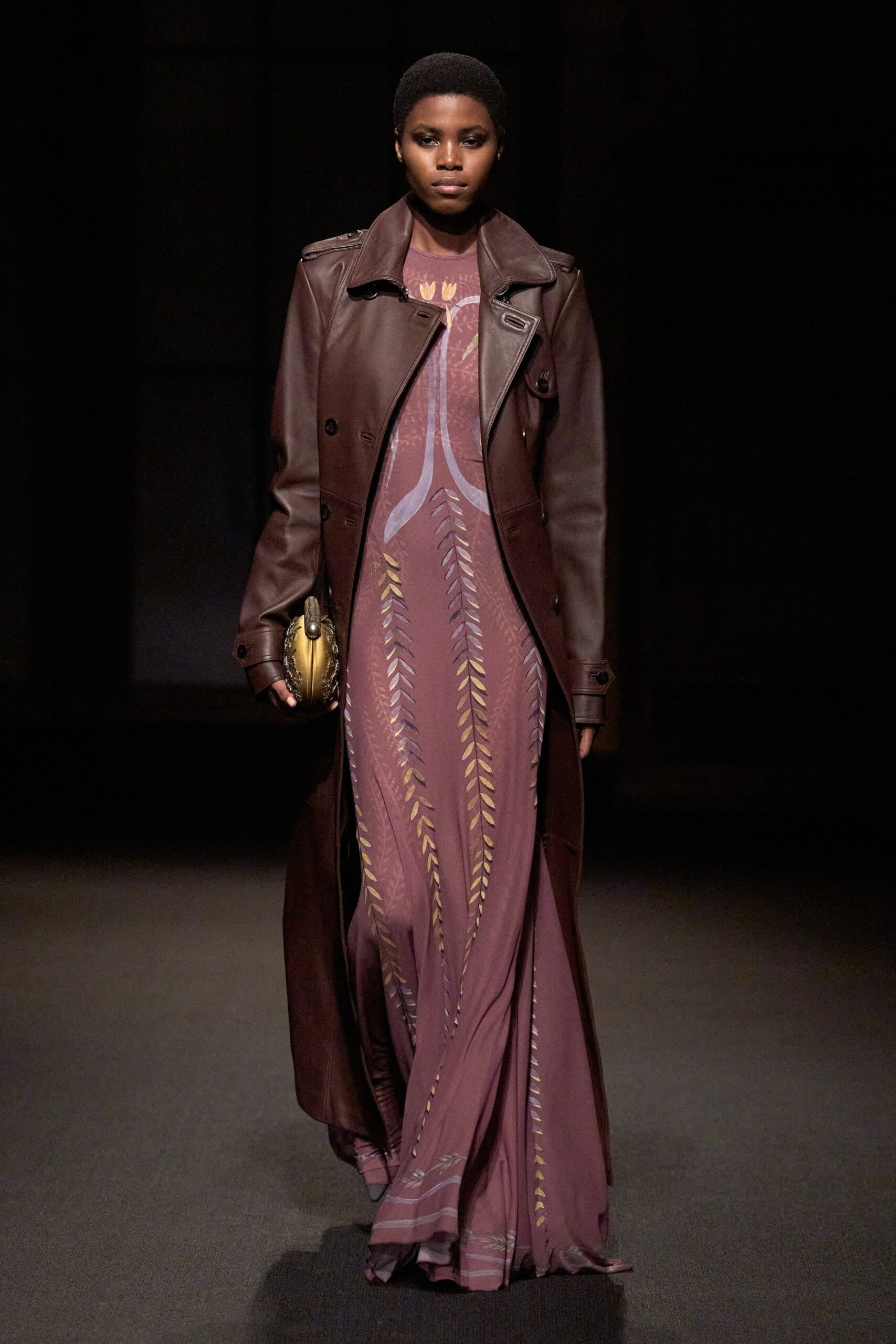 purple silk embroidered gown with brown leather coat