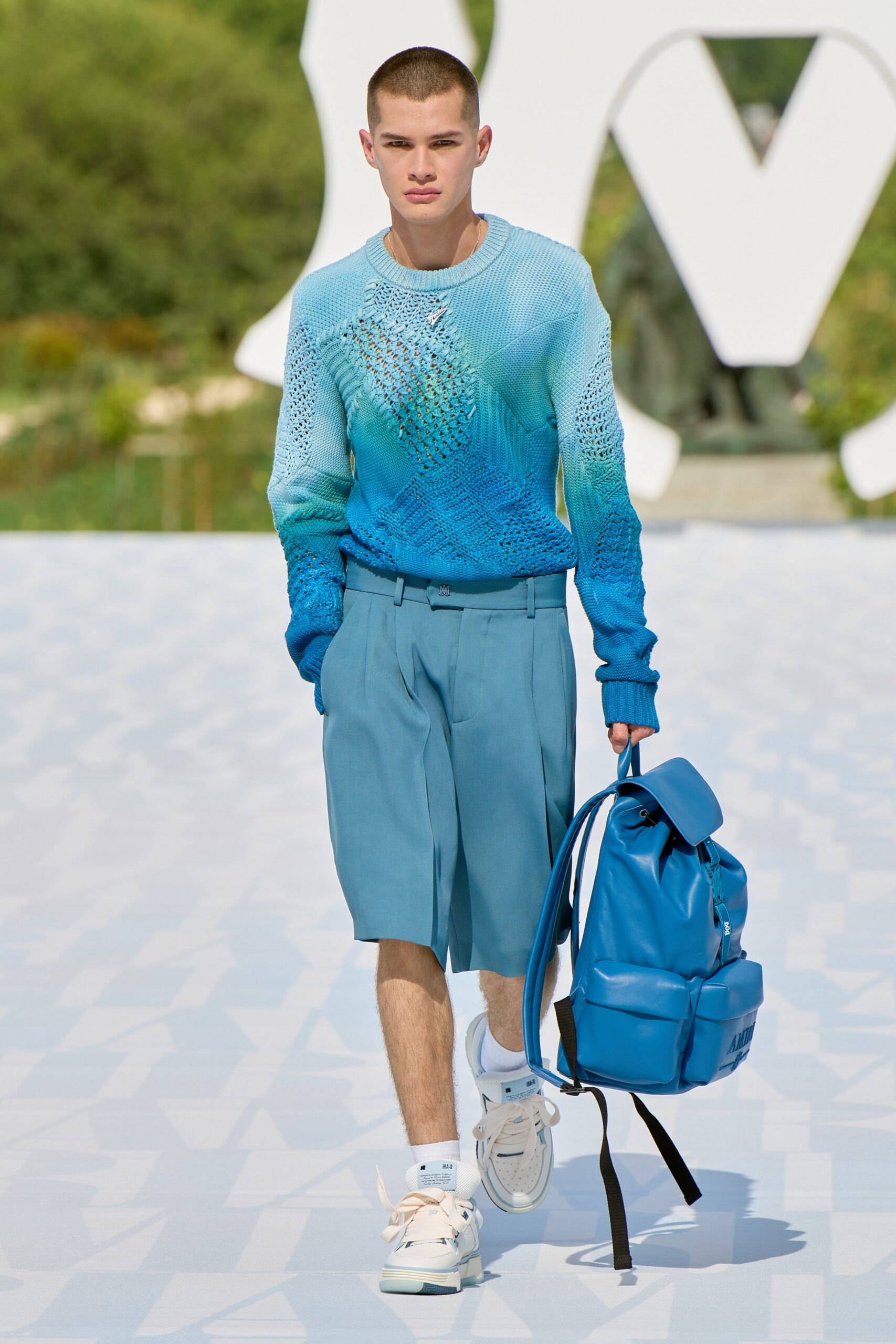 blue cotton sweater and shorts