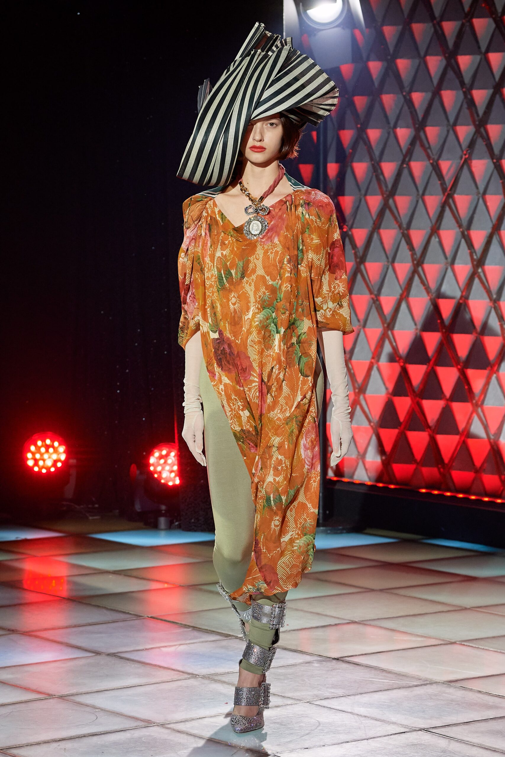 floral midi dress with striped hat