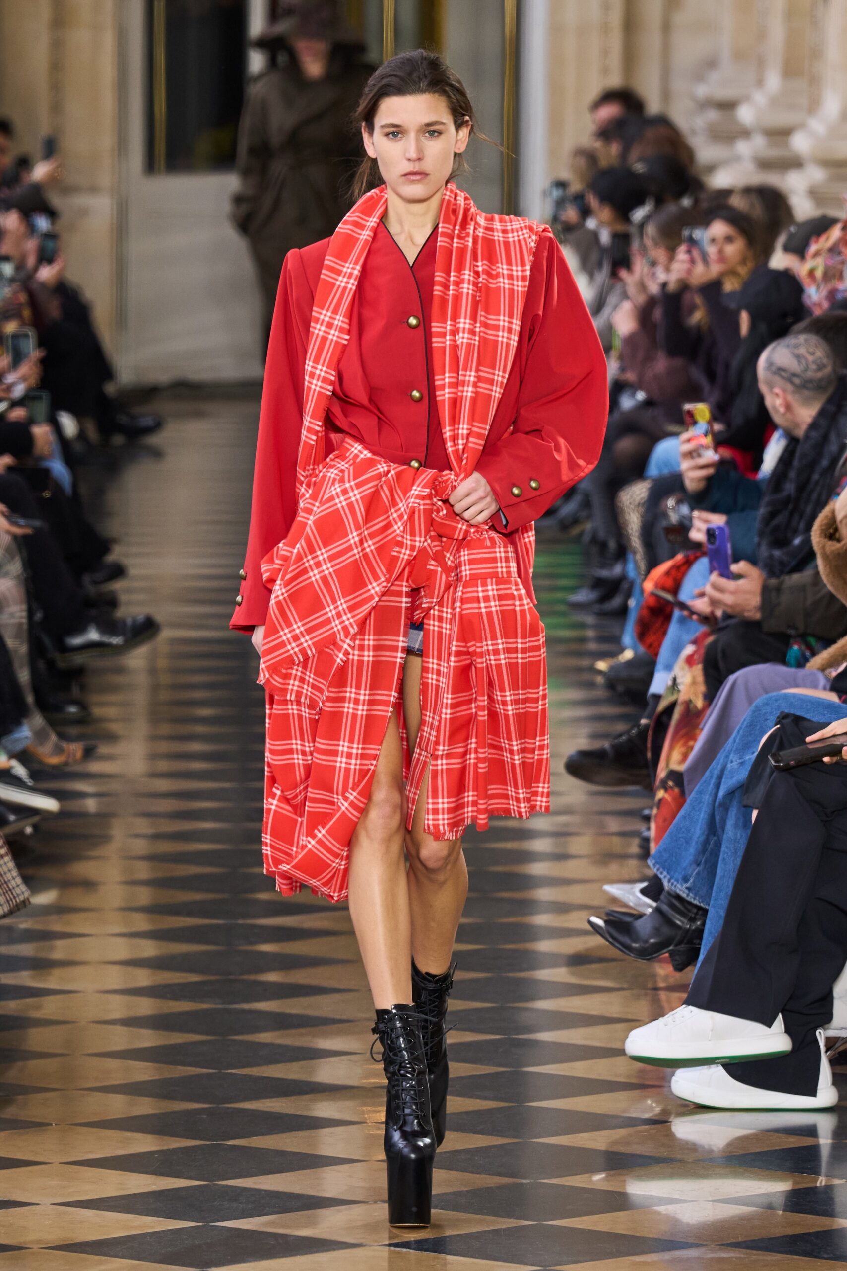 red cotton long-sleeve collared fitted buttoned pleated dress