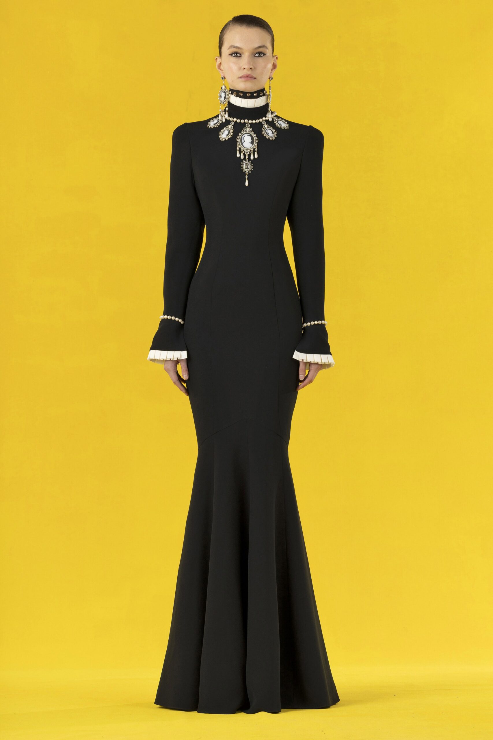 fitted black silk gown
