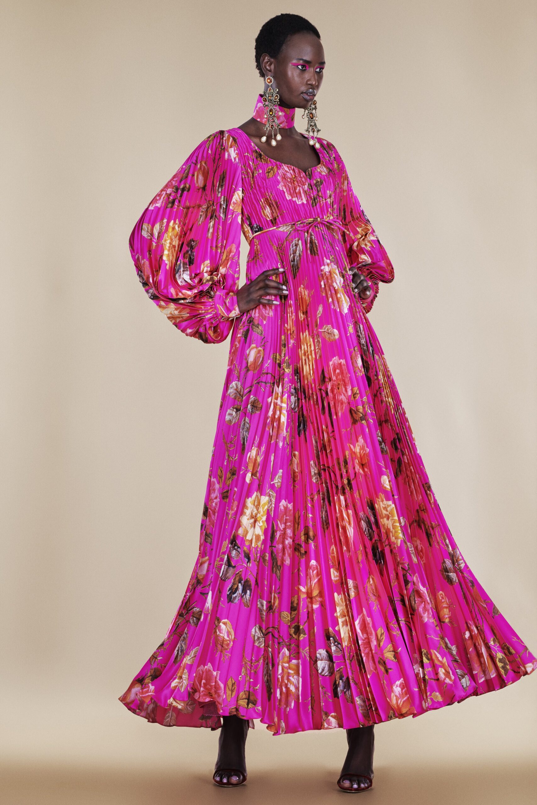 pink silk pleated gown