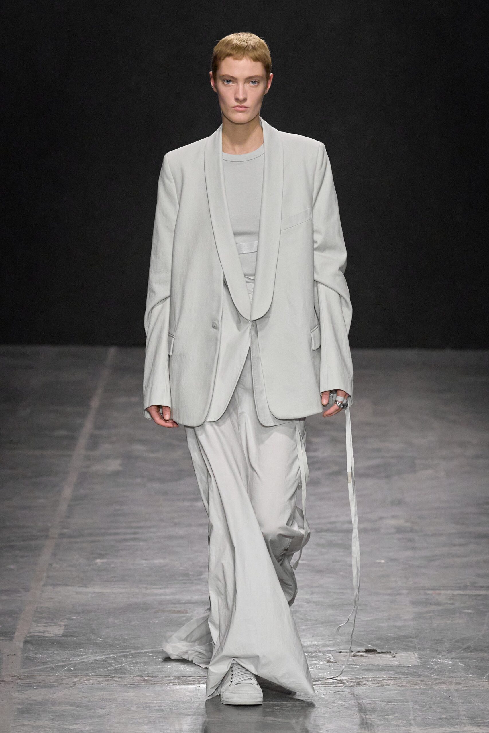 gray relaxed suit with fitted top