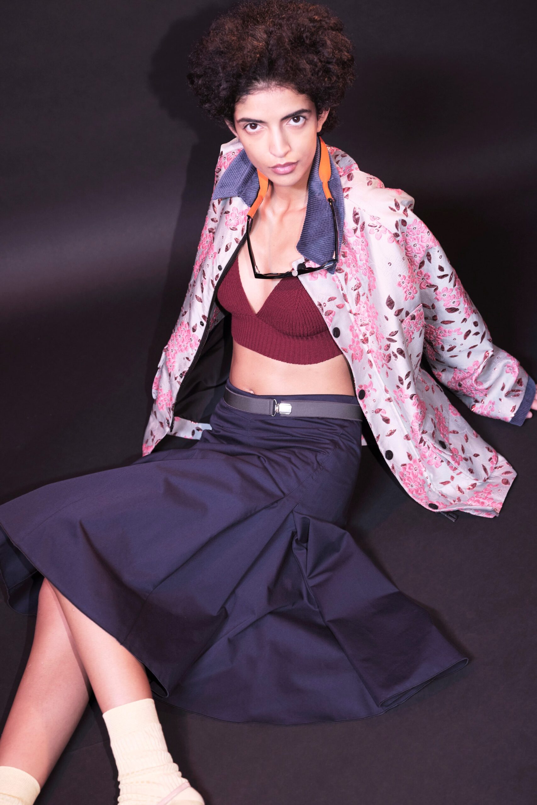 pink silk long-sleeve collared relaxed floral buttoned jacket