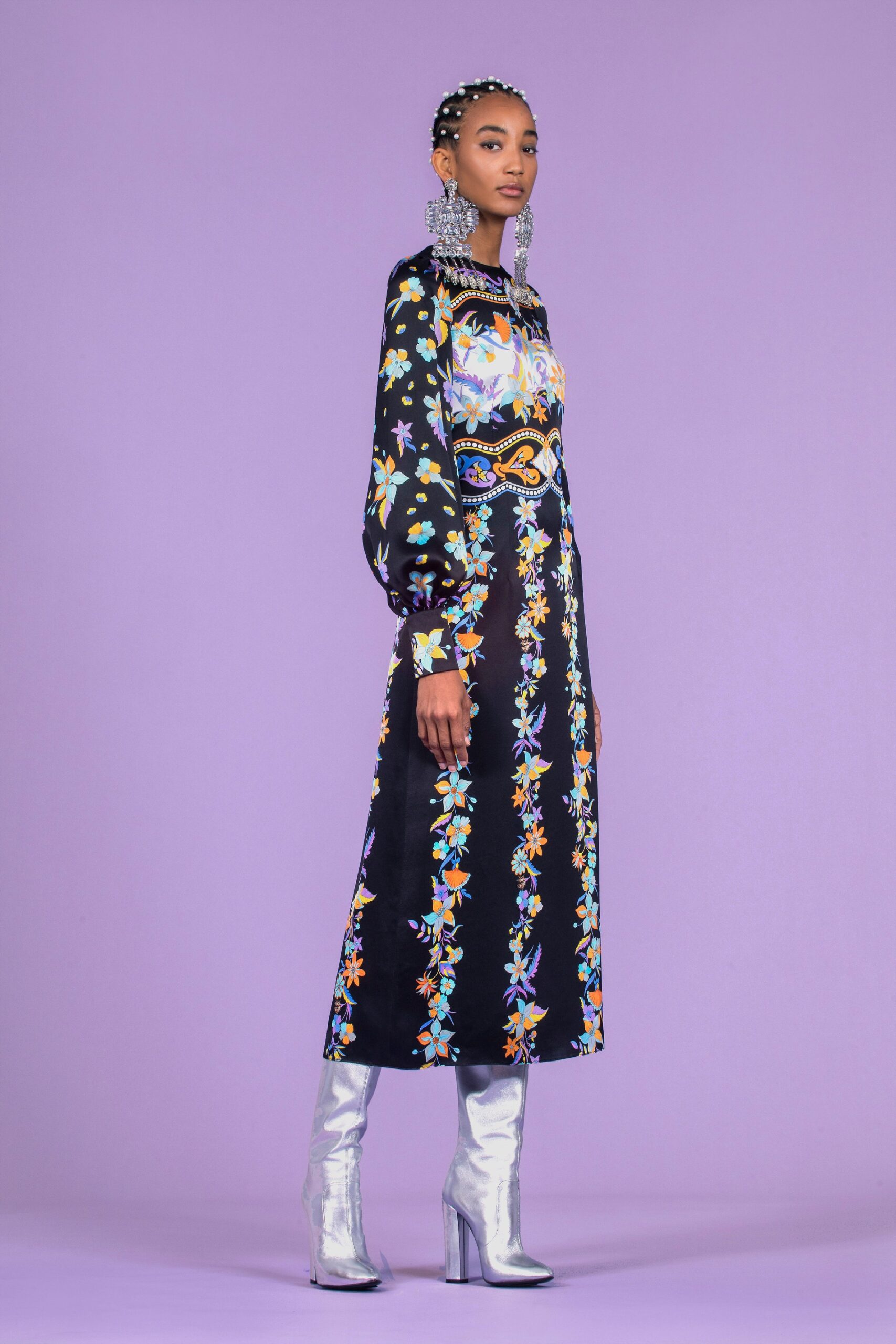 black floral midi dress with silver boots