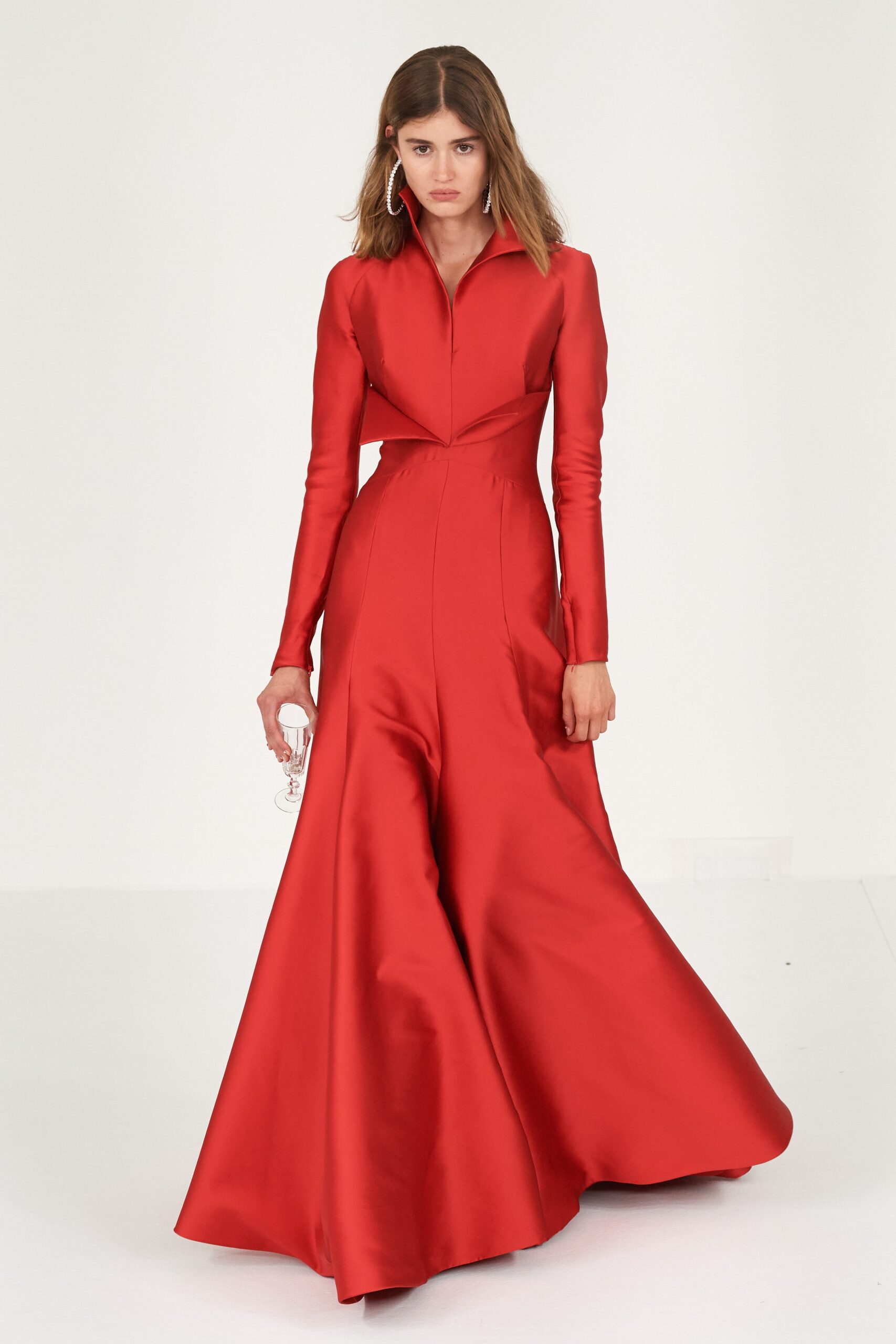 red satin long-sleeve gown