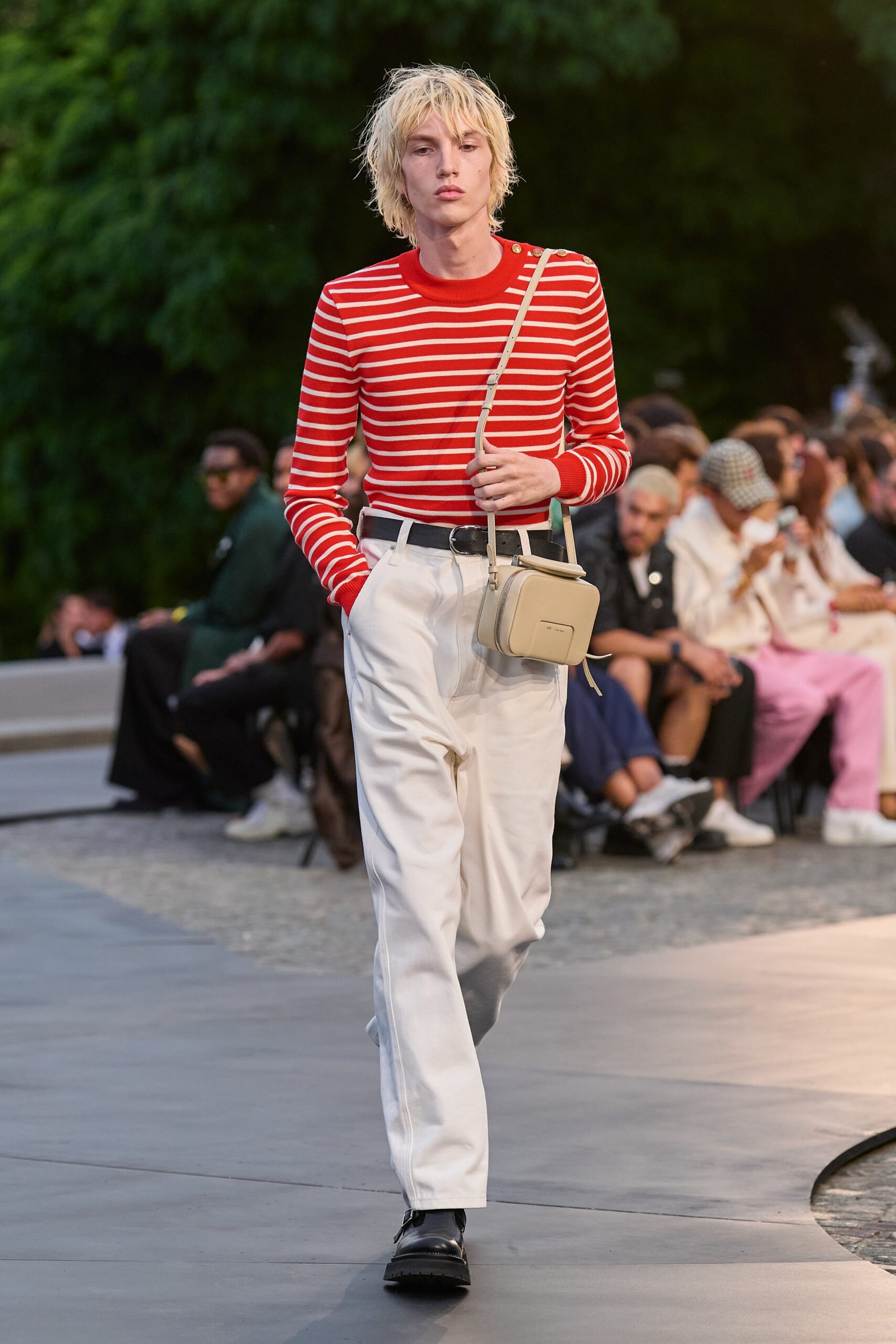 red and white striped top with relaxed pants