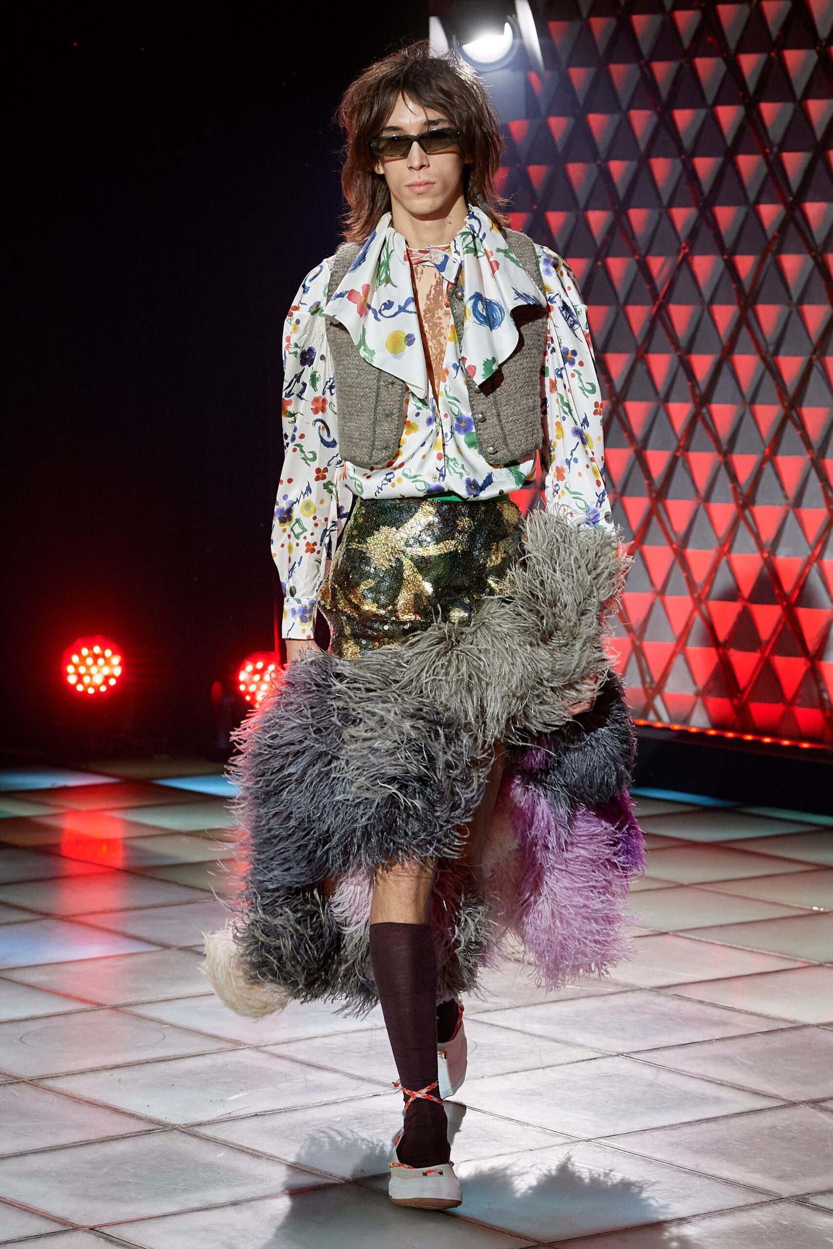 multi-colored shirt with gray vest