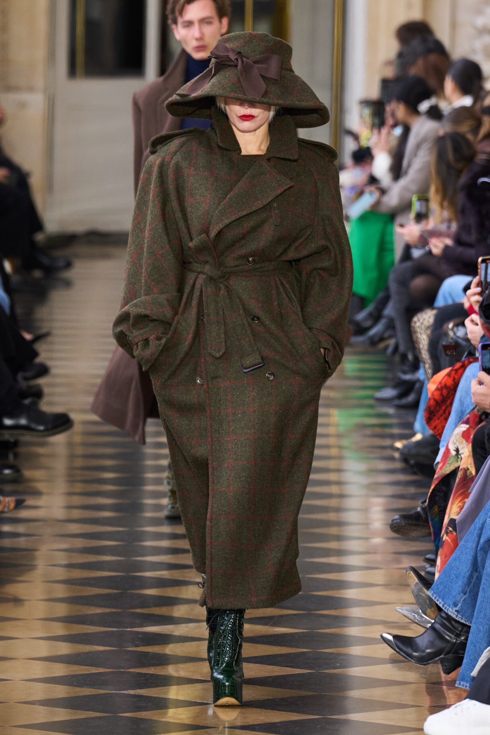 brown green checked wool coat
