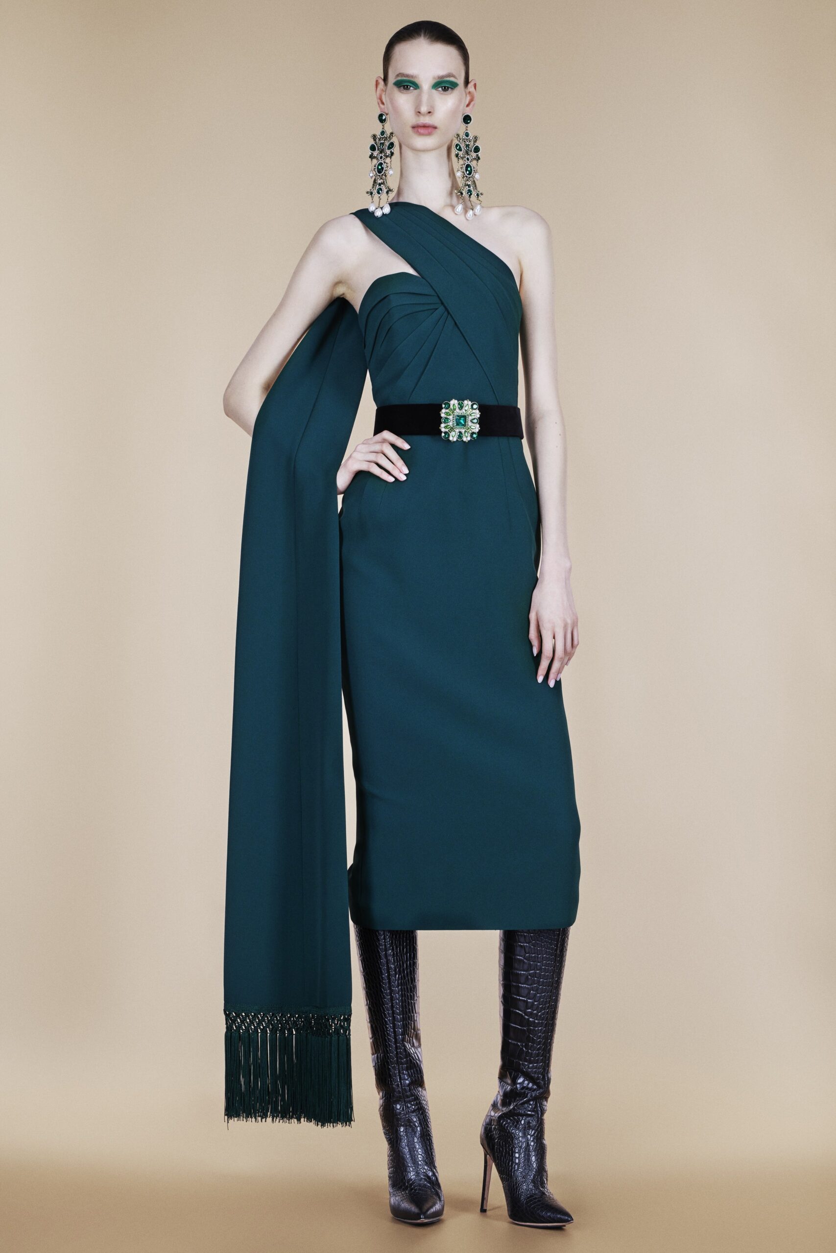 fitted green silk midi dress