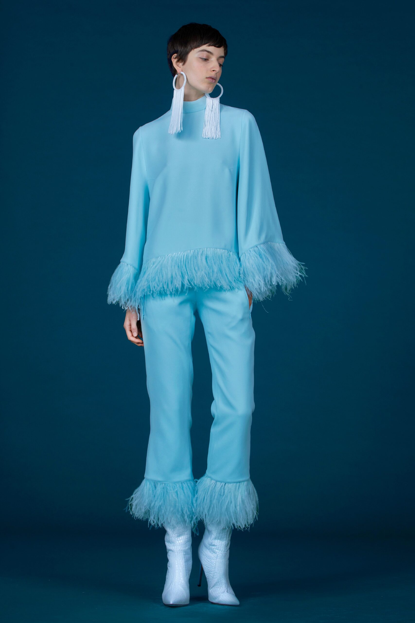 blue silk fringed top and pants
