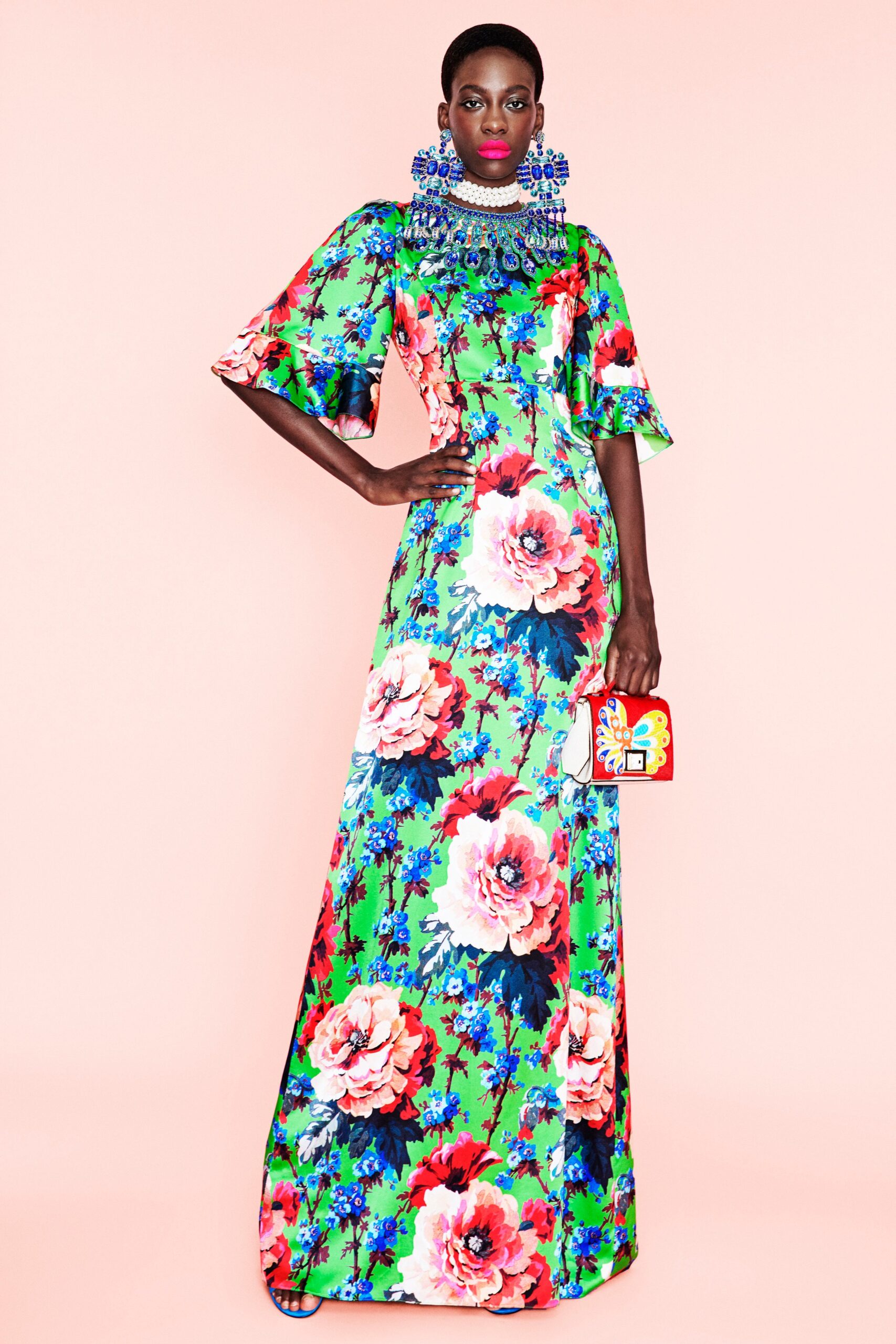 floral green silk maxi gown